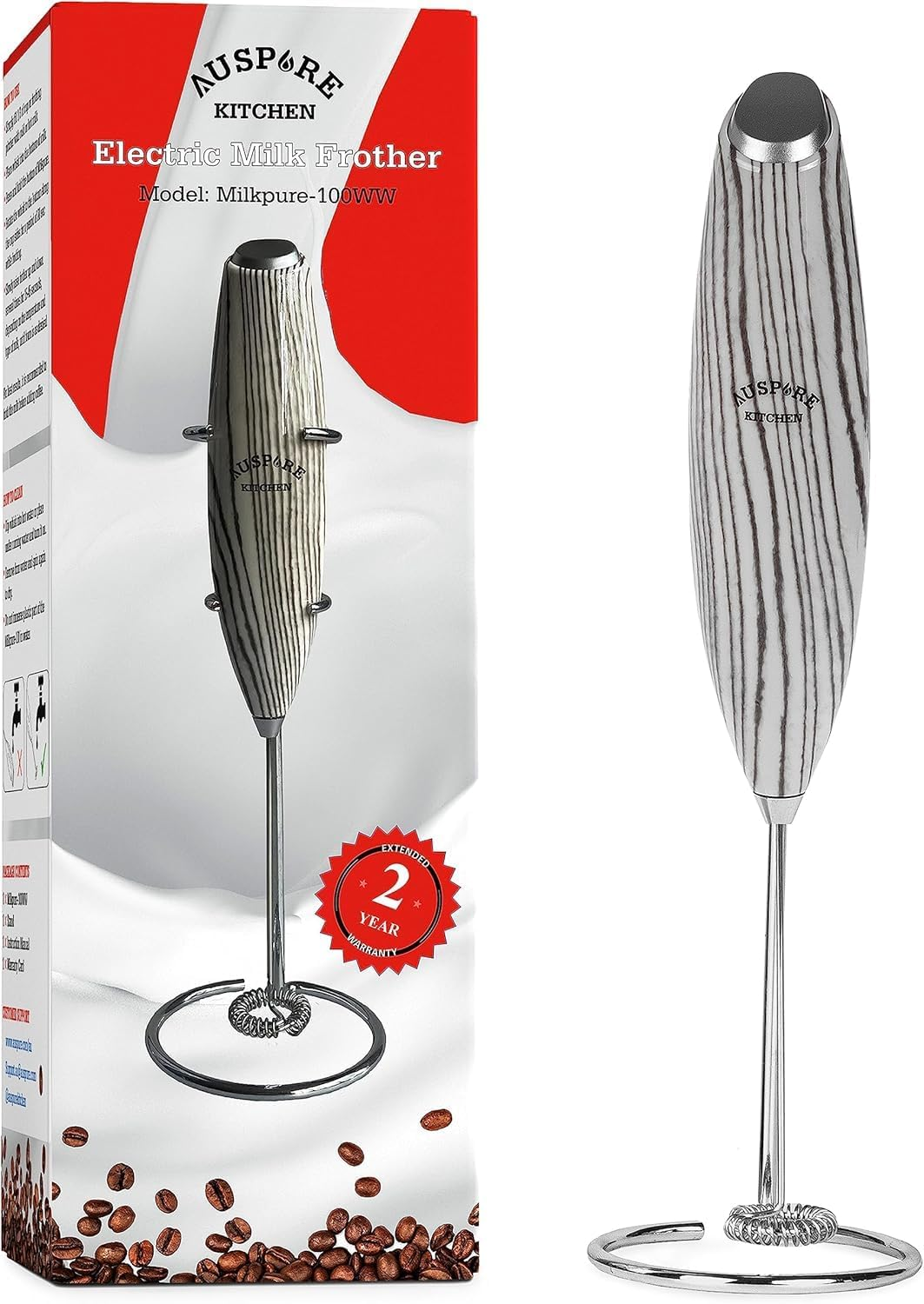 AUSPURE Milk Frother Handheld, Electric Stainless Steel Whisk, for Coffee Latte, Cappuccino, Hot Chocolate, Matcha & Protein Drinks - Battery Operated, Brown Wood image number 3