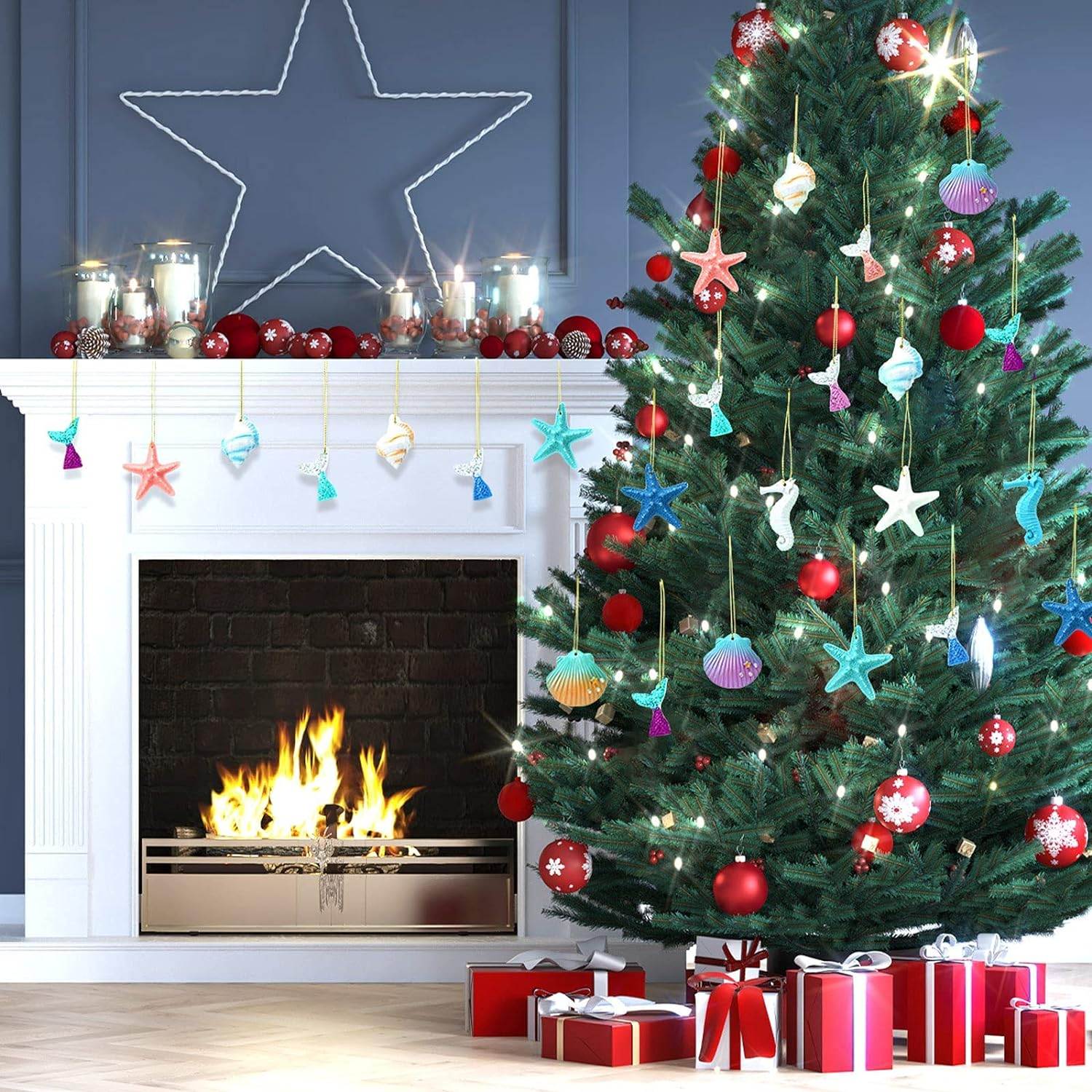 Yerliker 36 Pcs Beach Ocean Christmas Ornaments Starfish Resin Bulk Multicolored Ocean Themed Hanging Decor for Nautical Wedding Fish Net Decorations Bathroom Home Tree Wall Decor