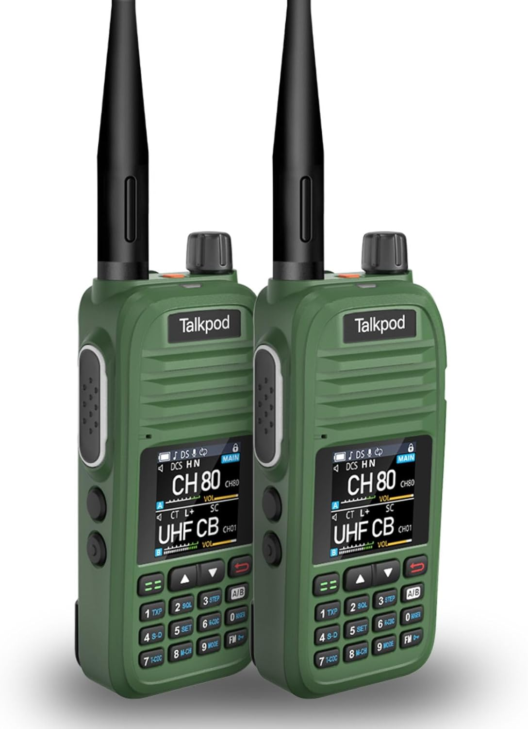 Talkpod A36SE 5Watt Handheld UHF CB Radio Twin Pack, 80 Channels, 1500Mah Battery, IP54, CTCSS/DCS, Dual Watch (Green) image number 2