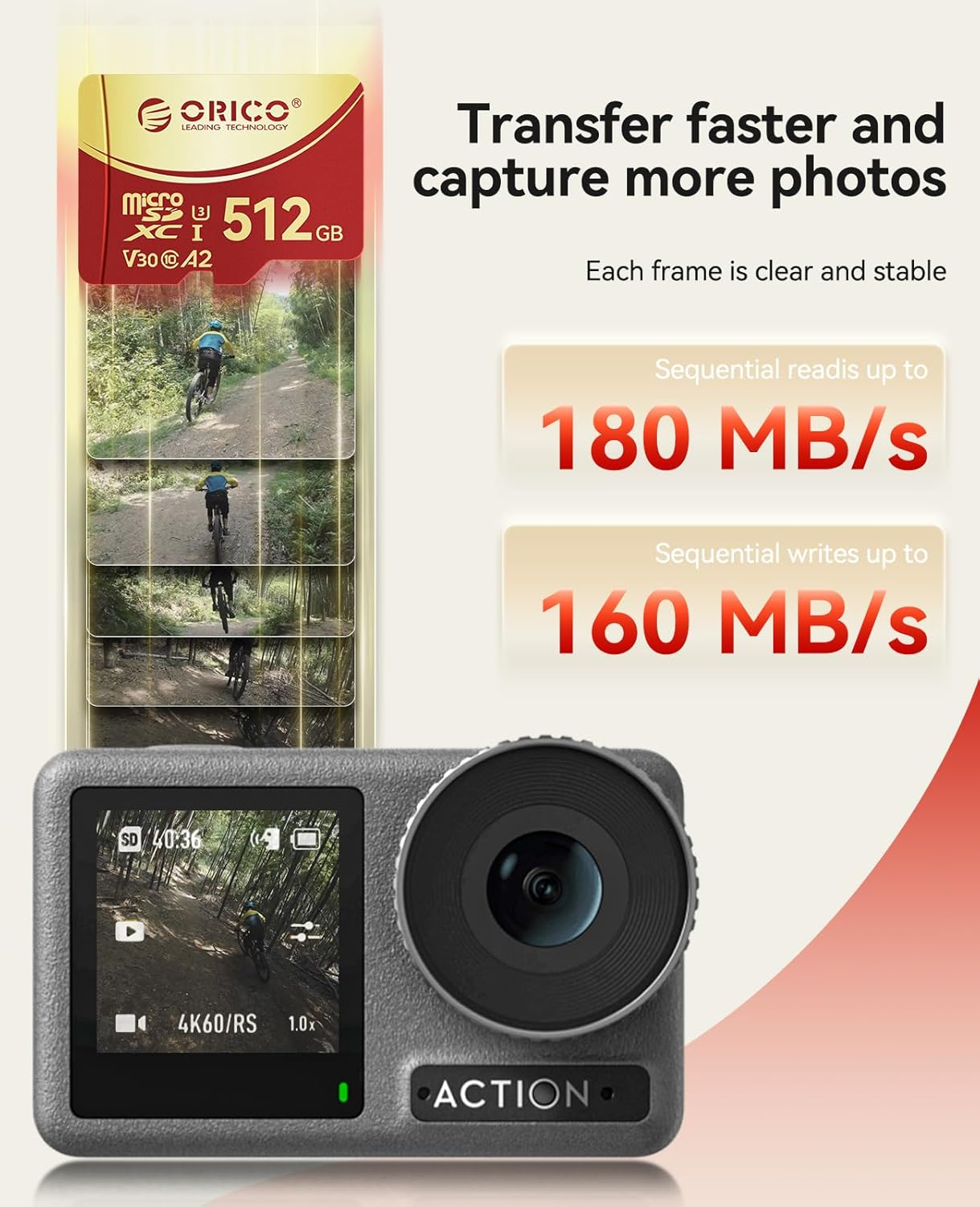 ORICO F3 512GB Microsdxc UHS-I Memory Card, 180Mb/S Read(Require DDR 220 Reader), 160Mb/S, 4K UHD Recoding, U3, Class10, V30, A2, Micro SD for Action Camera, Dash Cam, TF Card image number 4