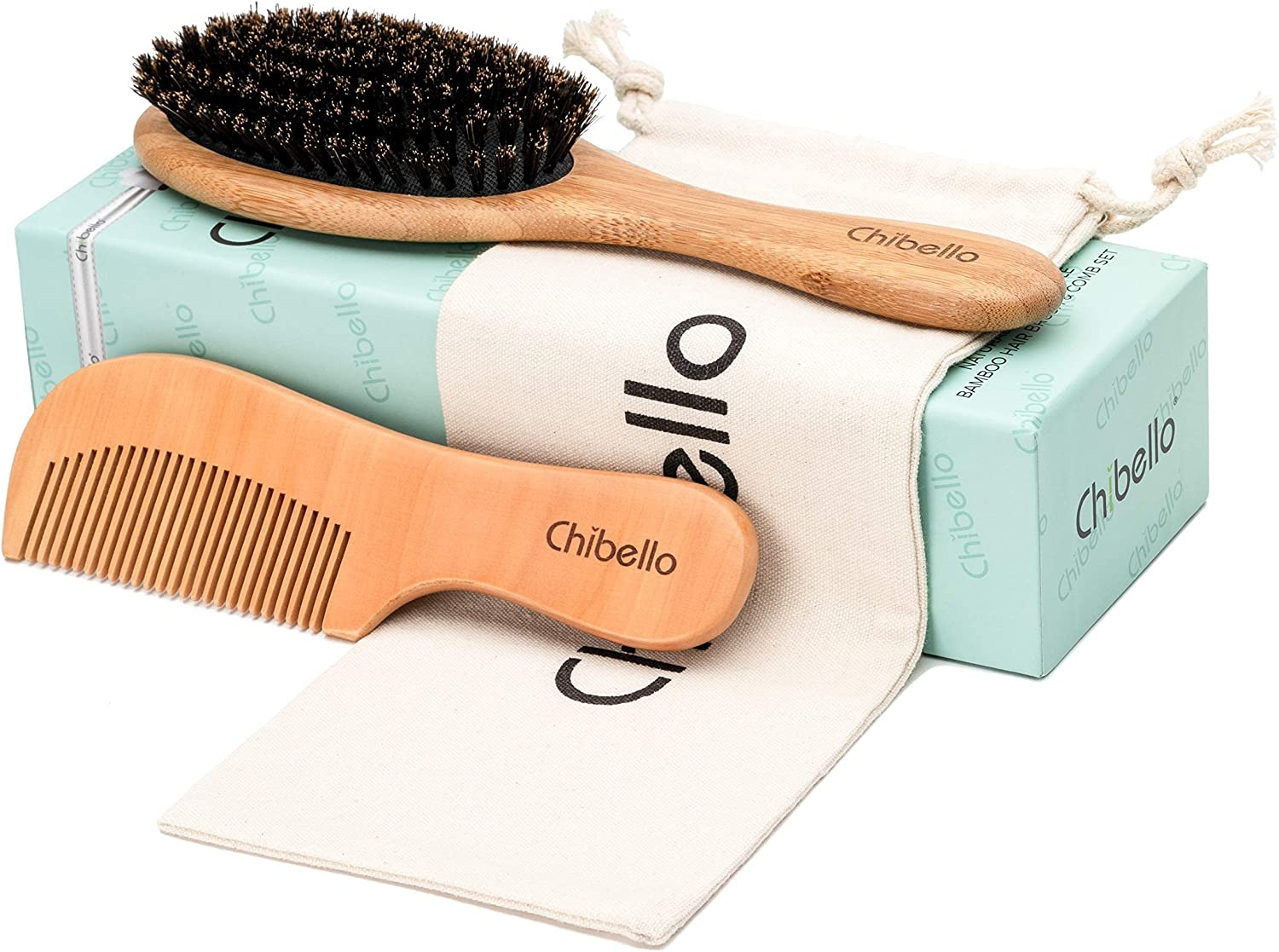 Chibello Boar Bristle Hair Brush Set - Designed for Kids, Women and Men. Natural Soft Bristle Brushes Work Best for Thin and Fine Hair. Wood Wet Detangler Comb image number 6