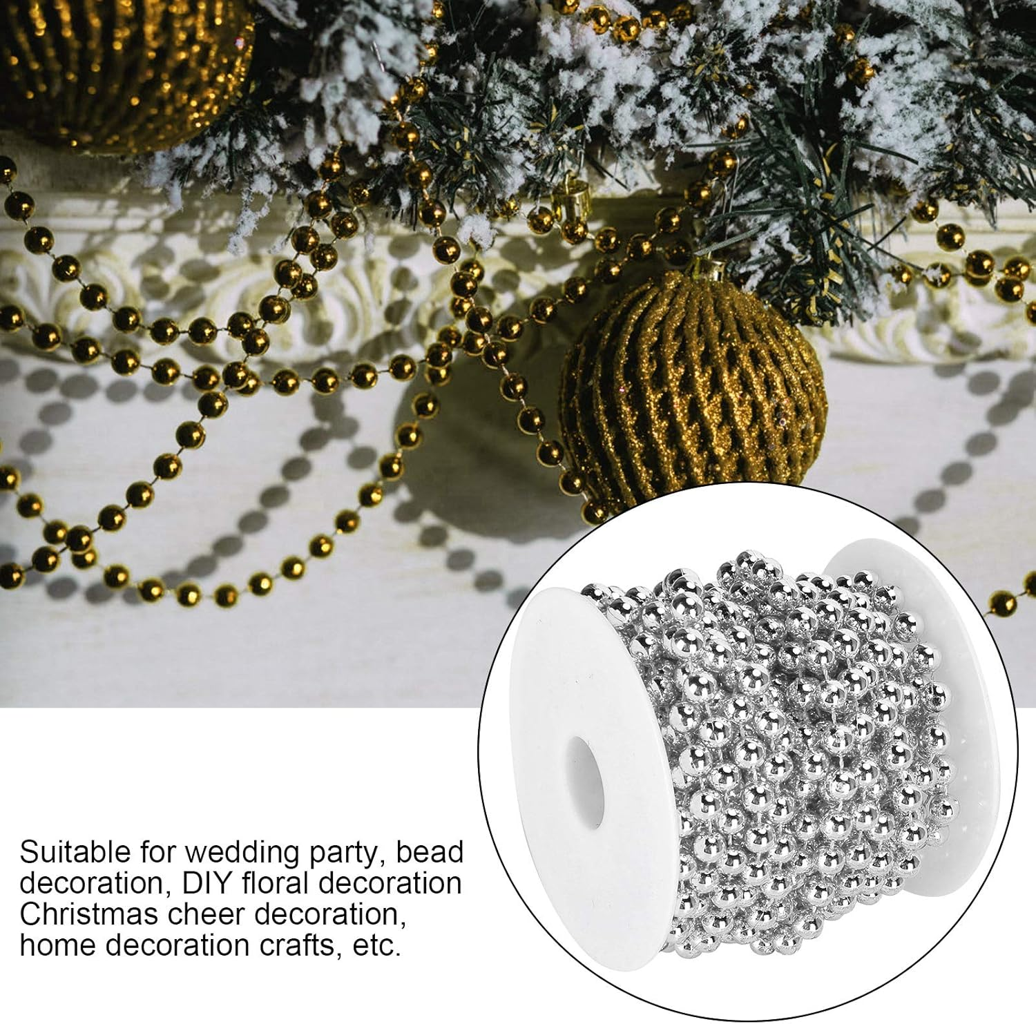 8Mm Silver Bead Hanging String, Silver Plastic Beads on String, Silvery Hanging Beads Garland for Christmas Decoration Wedding Party (10 Meter/Rollsilver) - Gold image number 4
