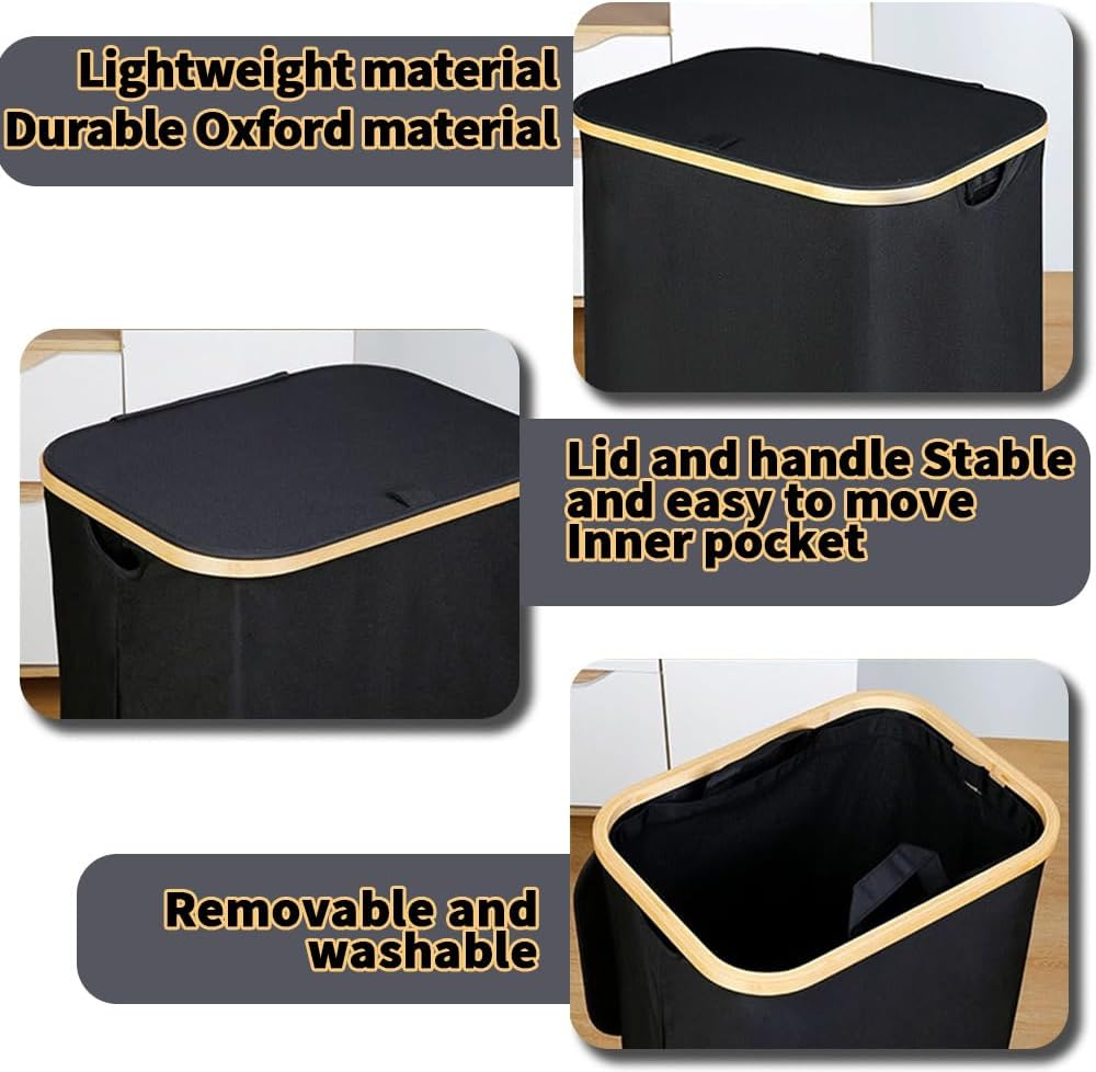 TOMVAES Laundry Hamper with Lid,Divided Folding Bamboo & Oxford Cloth Laundry Hamper,Modern Collapsible Hamper,Waterproof Liner, Great for Adults, Bathroom, Living Room image number 5