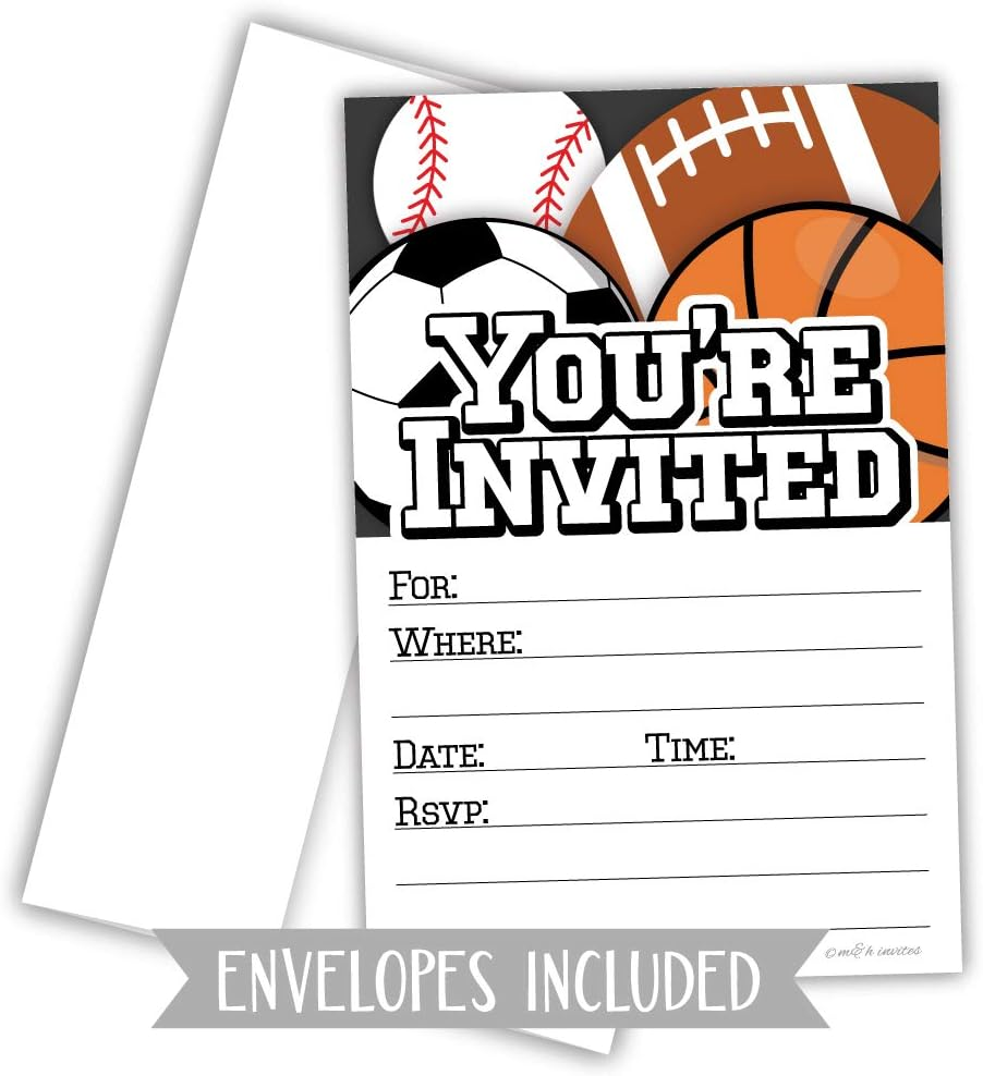 Sports Party Invitations (20 Count) with Envelopes - Football, Soccer, Baseball and Basketball image number 1