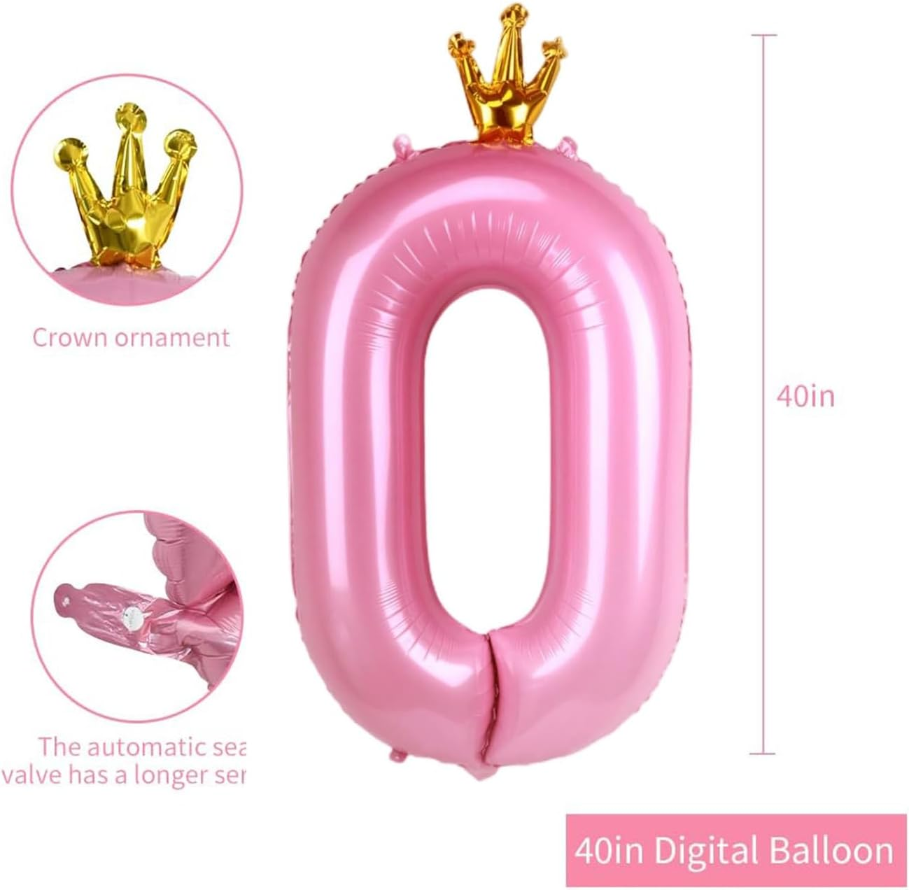 40 Inch Pink Number Balloon with Crown, Huge Giant Balloons Foil Mylar Number Balloons for Birthday Party Wedding Anniversary Decorations (Number 0) - Number 1 image number 2