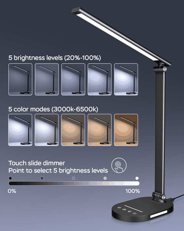 HASKARE Desk Lamp LED Dimmable Table Lamp, 5 Colour Modes and 5 Brightness Levels, Anti-Glare Eye Protection Desk Lamp, USB Charging Port, with 5V/2A Power Adapter