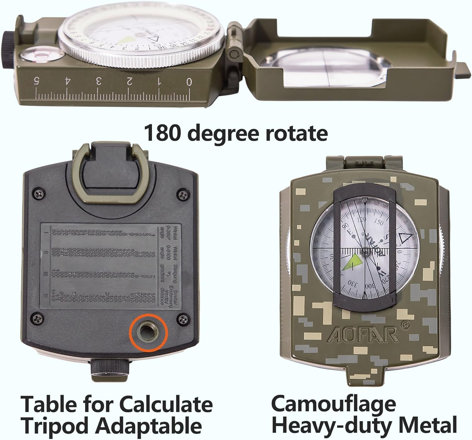 AOFAR Military Compass,Af-4580 Lensatic Sighting, Waterproof and Shakeproof with Map Measurer Distance Calculator, Pouch for Camping, Hiking image number 6