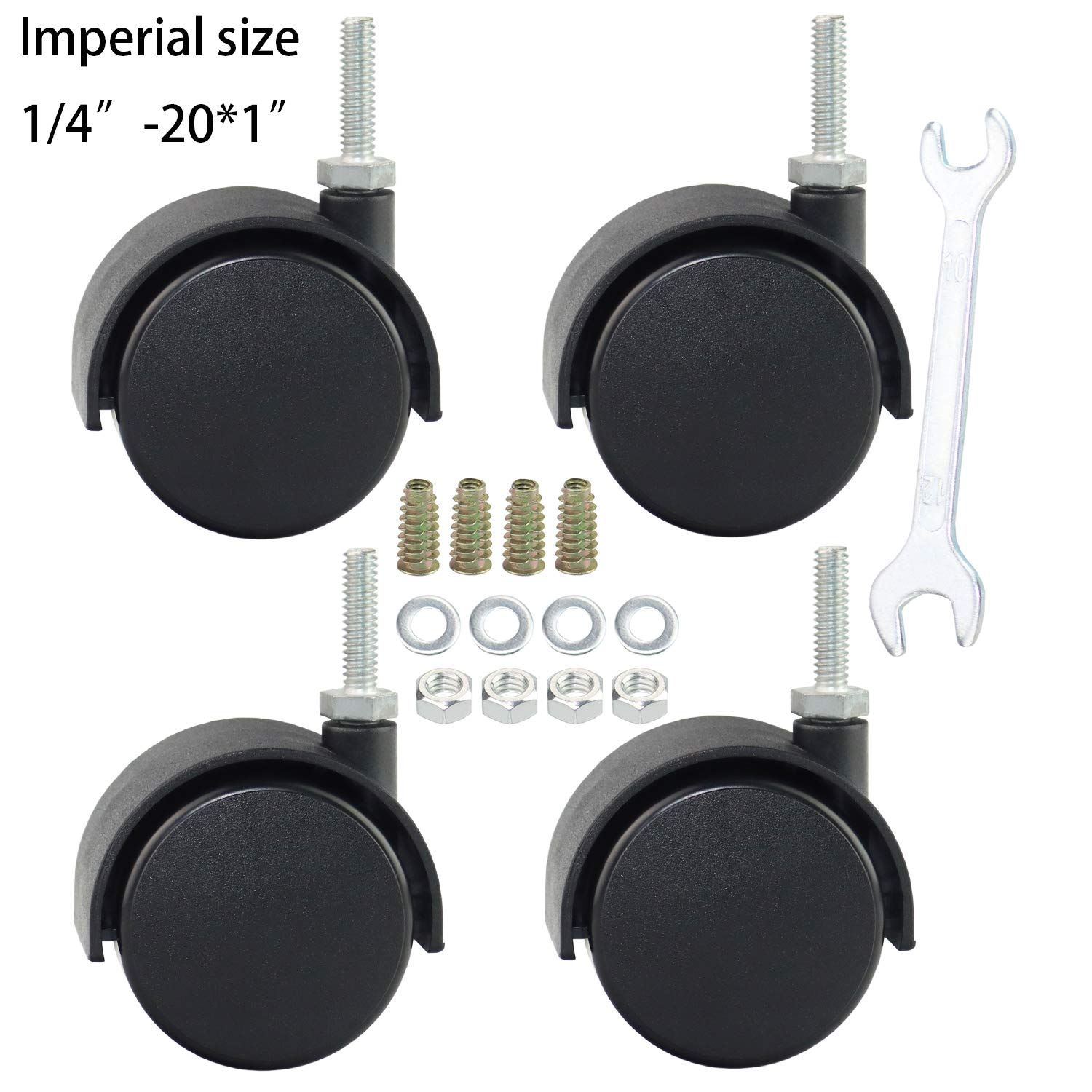 DICASAL 2" Shelving Caster, Swivel Stem Caster Wheel with 1/4" - 20 X 1 Thread Stem for Small Shelf and Furniture Pack of 4 Black (Without Brakes) image number 4