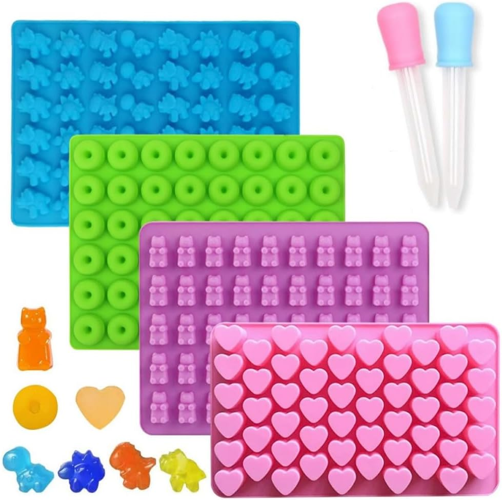 Gummy Bear Candy Molds Silicone, 4 Pack Gummy Molds with 2 Droppers, Chocolate Molds, Non-Stick Silicone Candy Molds Including Bear Shape and Mini Donut for Jelly (Blue,Purple,Green, Pink) image number 4