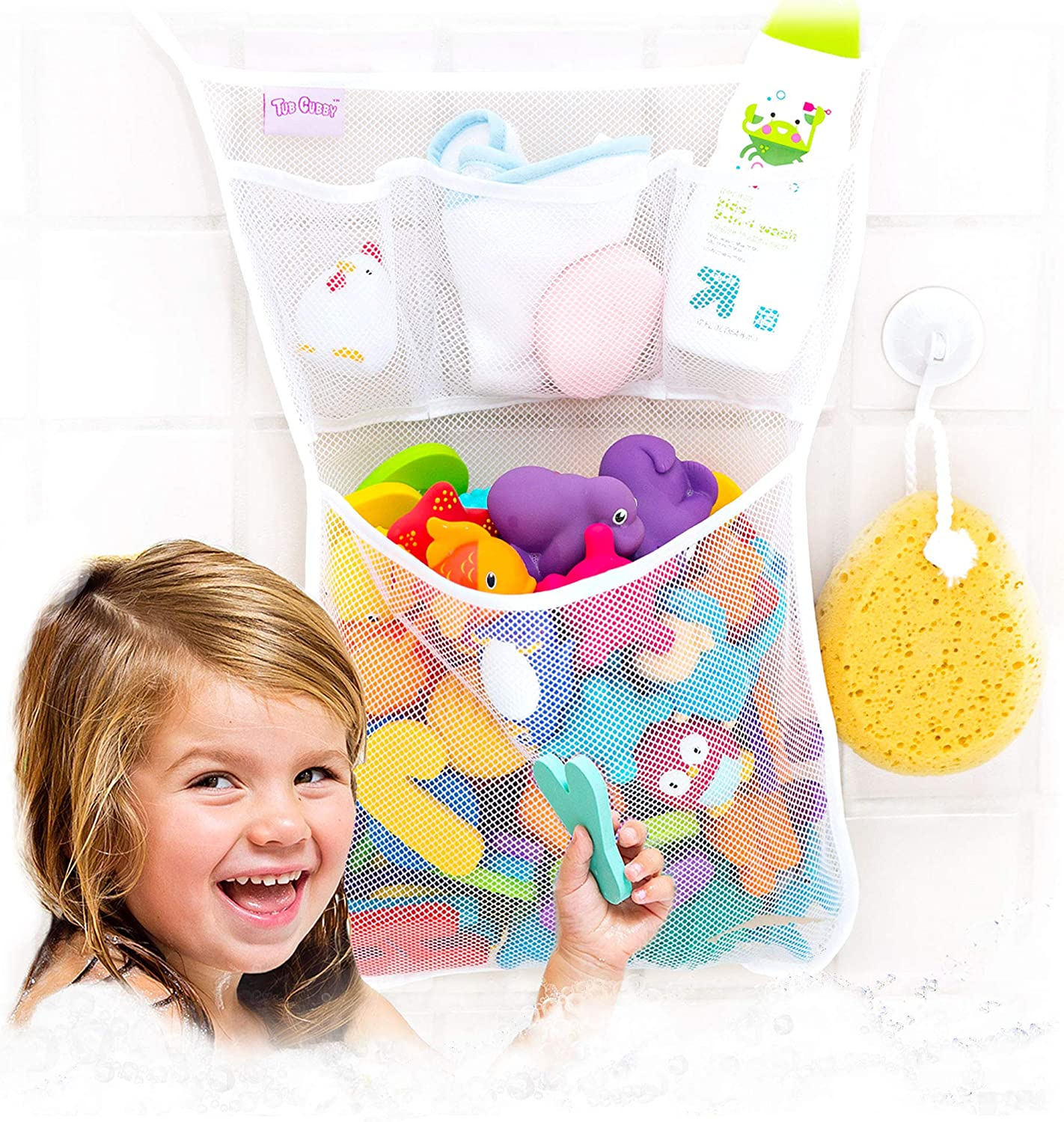 Original Tub Cubby Bath Toy Storage for Baby Toys with Suction & Adhesive Hooks, 14X20 Mesh Net Shower Caddy for Bathtub Toys, 36 ABC Soft Foam Letters & Numbers - Bonus Rubber Duck & Hooks image number 2