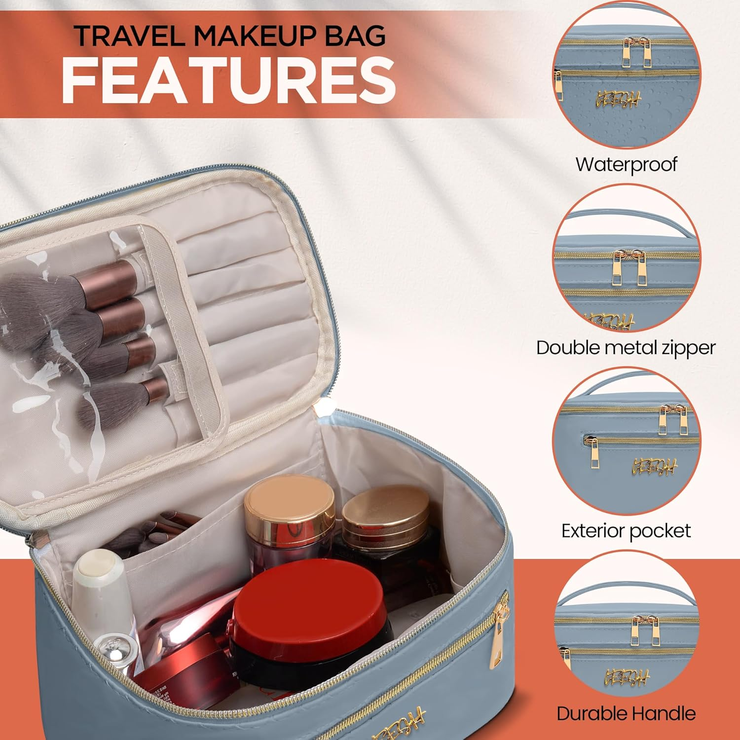 Leesh & CO Toiletry Bag -Travel Cosmetic Organizer with Brush Holders for Women -Eco-Friendly Vegan Leather, Waterproof & Durable-Perfect for Toiletries, Beauty Products,And Accessories-Light Blue image number 2