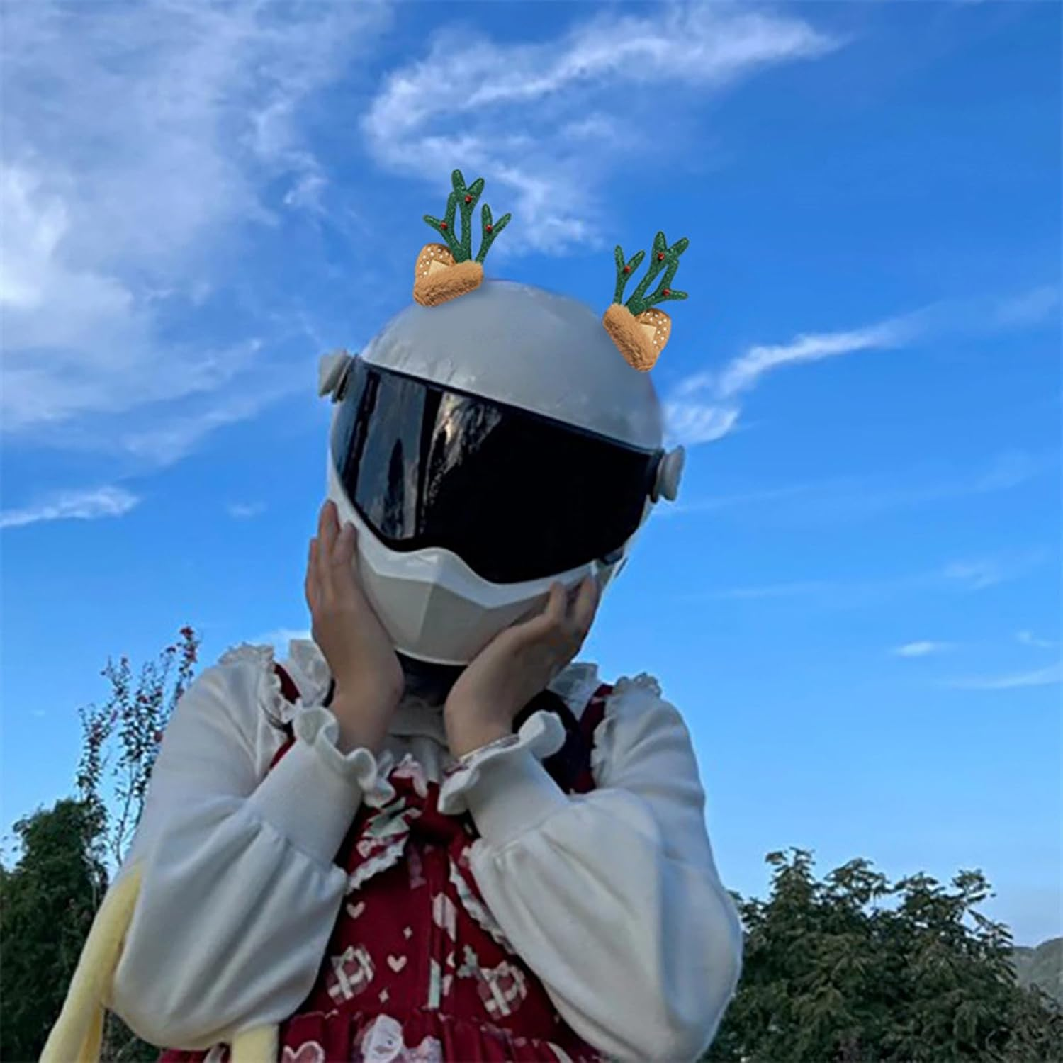 1 Pair Christmas Antler Motocycle Helmet Decor with Sticker Plush Fuzzy Cute Deer Ear Ski Helmet Accessory Decoration image number 4