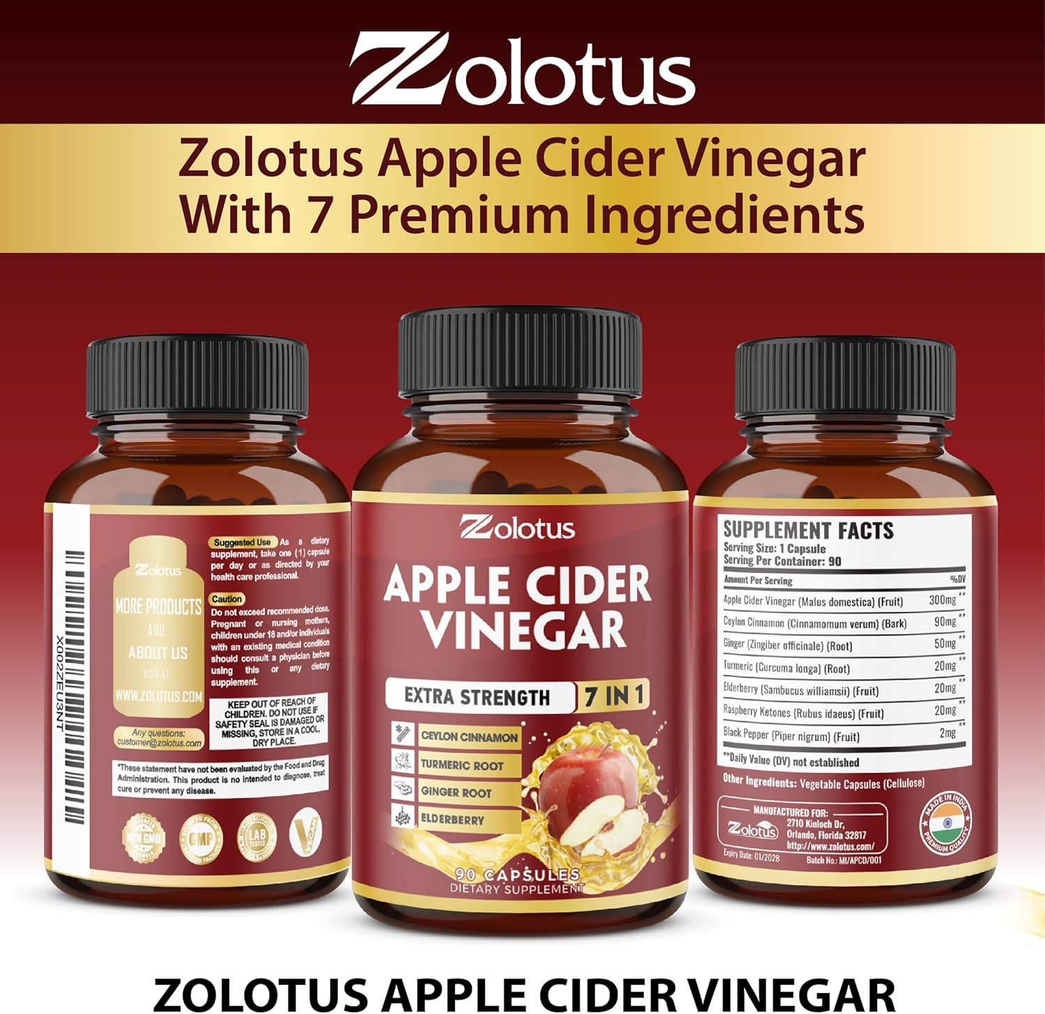 Zolotus 7 in 1 Apple Cider Vinegar Capsules, 3 Month Supply with Ceylon Cinnamon, Ginger Root, Turmeric, Elderberry - 90 Capsules image number 1