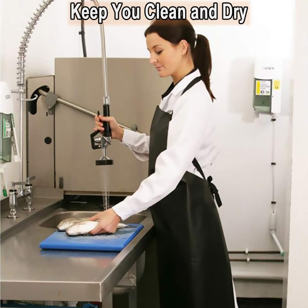 Waterproof Rubber Vinyl Apron with Adjustable Length Neck Strap, Heavy Duty 36.6" Plastic Apron Keeps You Clean and Dry When Dishwashing, Lab Work, Butcher, Dog Grooming, Cleaning Fish, Black image number 1
