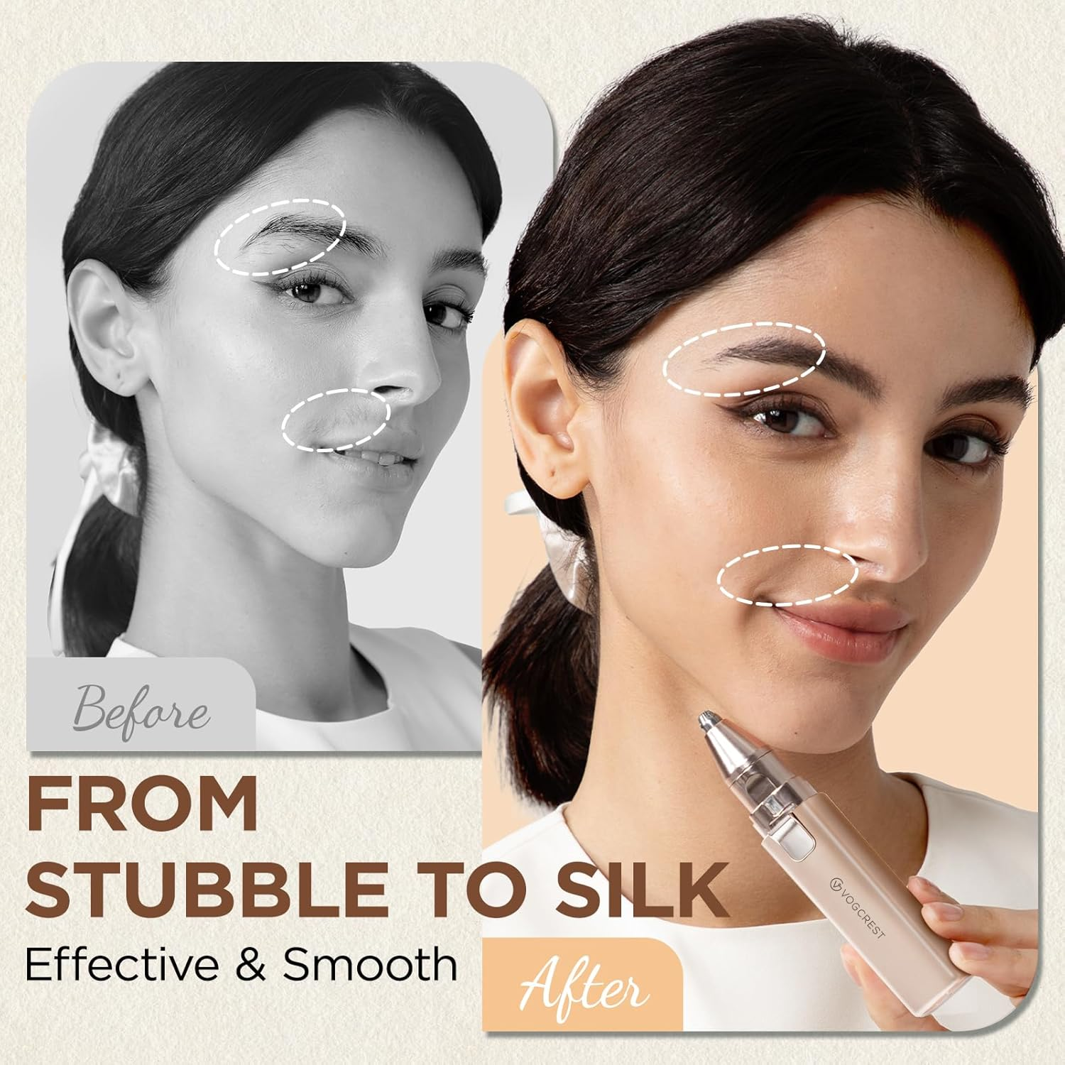 VG VOGCREST Rechargeable Facial Hair Removal for Women: 2-In-1 Electric Eyebrow and Facial Hair Removal Device - Suitable for Eyebrows Chin Cheeks Features a Built-In LED Light (Gold) - Green image number 4