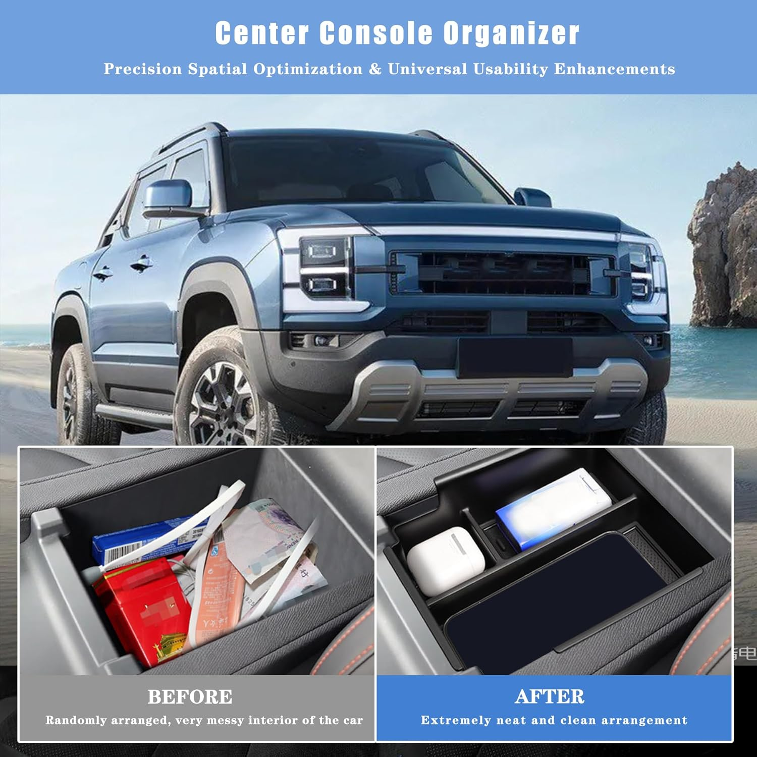 Center Console Organizer Tray Compatible with 2024-2025 BYD Pickup Shark 6 Accessories, Armrest Storage Box ABS Storage Tray Insert Interior(Black) image number 2