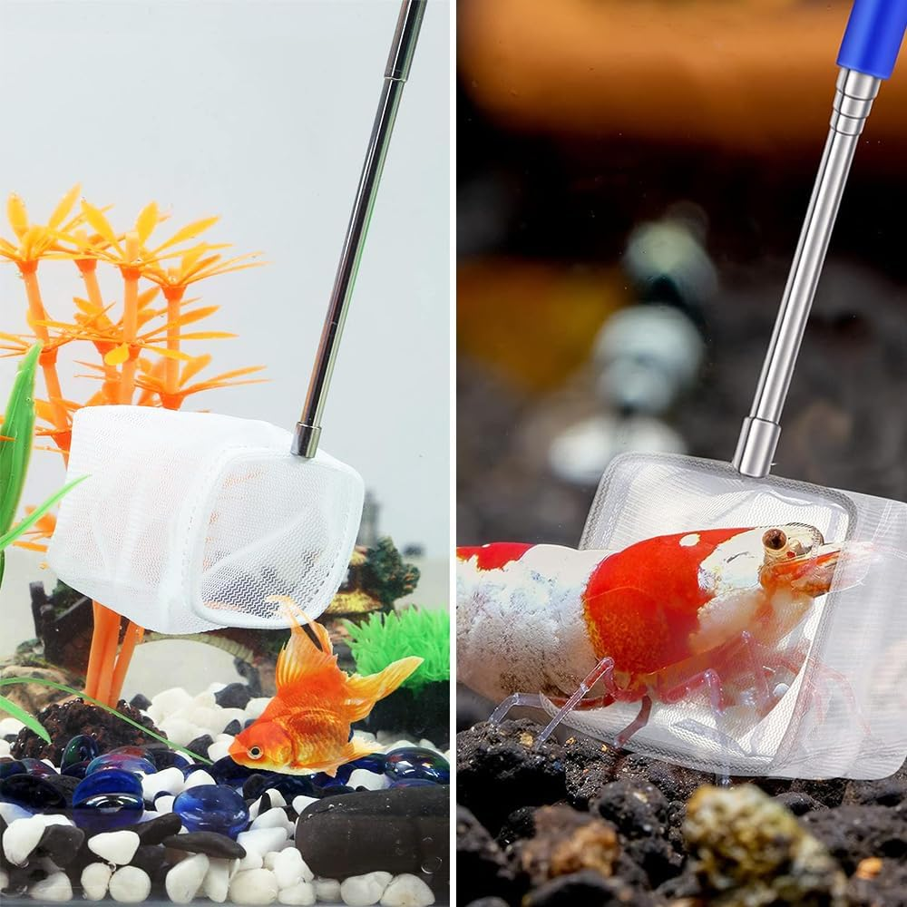 2Pcs Small Telescopic Shrimp Net for Aquarium & Fish Tank, Mini Telescopic Fish Net for Small Fish, Shrimp, Insect - Square & round Net Set, Easy to Use & Store