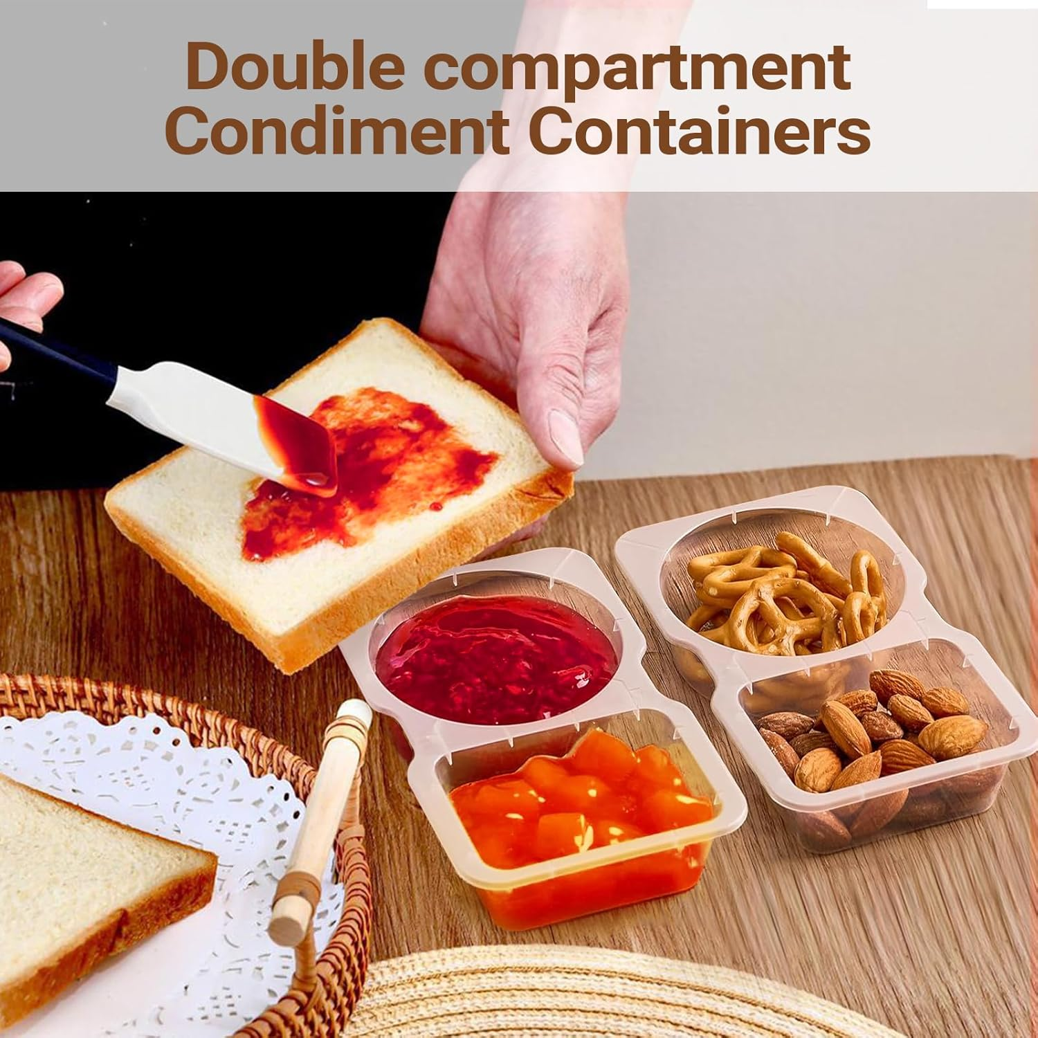 40 Pcs Double Compartment Condiment Containers with Lids, 2 Compartment Snack Containers Portion Cups Reusable Plastic Snack Container for To-Go Sauce, Sampling, Travel Snack image number 5