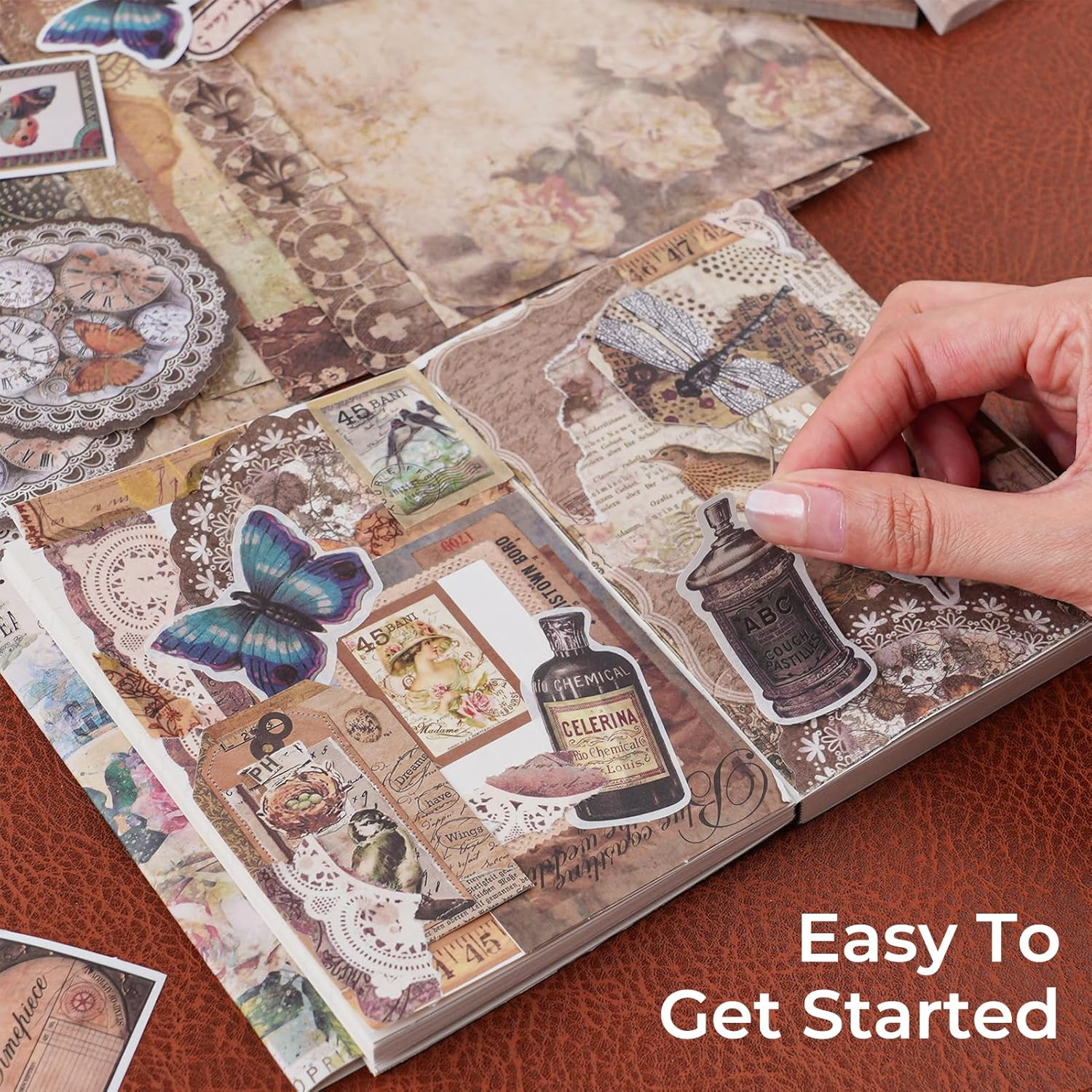 Funto Scrapbooking Kit (202 PCS), Vintage Collection-Wisteria & Butterfly, Perfect for Bullet Scrapbooking Materials, Planner DIY Arts Craft Collage image number 3