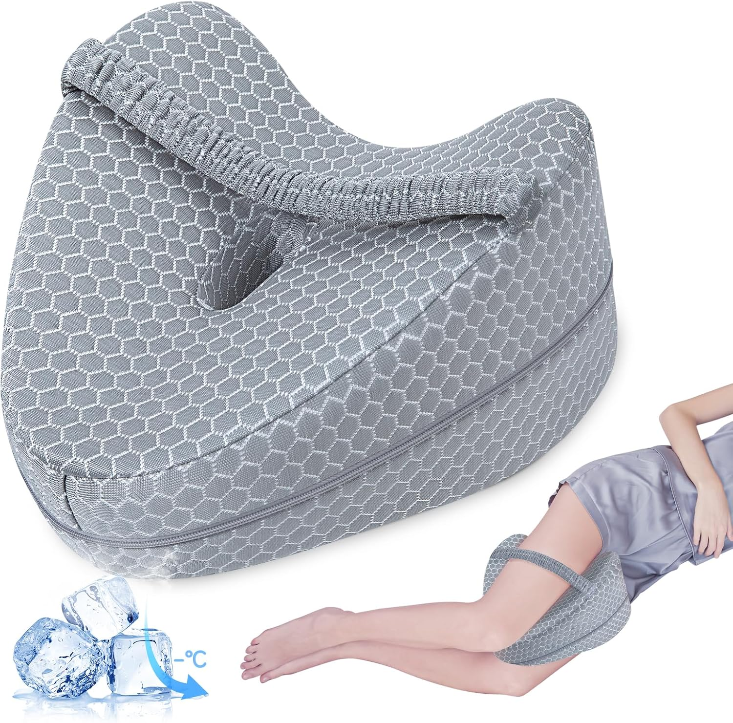 Knee Pillow, Soft Memory Foam Leg Pillows, Cool Ice Silk Hip Support Pillow for Side Sleeper, Body Pillow for Spine Alignment, Sciatica Relief, Post Injury Recovery - with Adjustable Strap (Grey)