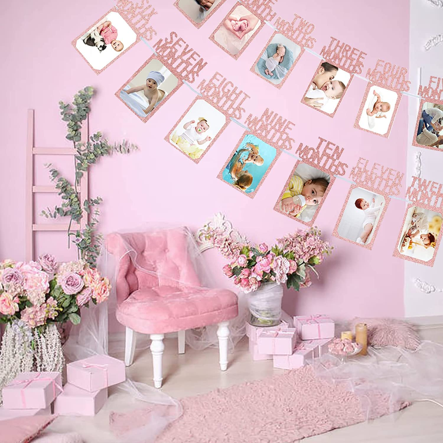 1St Birthday Photo Banner for Baby from Newborn to 12 Months, First Birthday Decorations for Girl Boy Monthly Milestones Garland (Rose Gold) image number 3