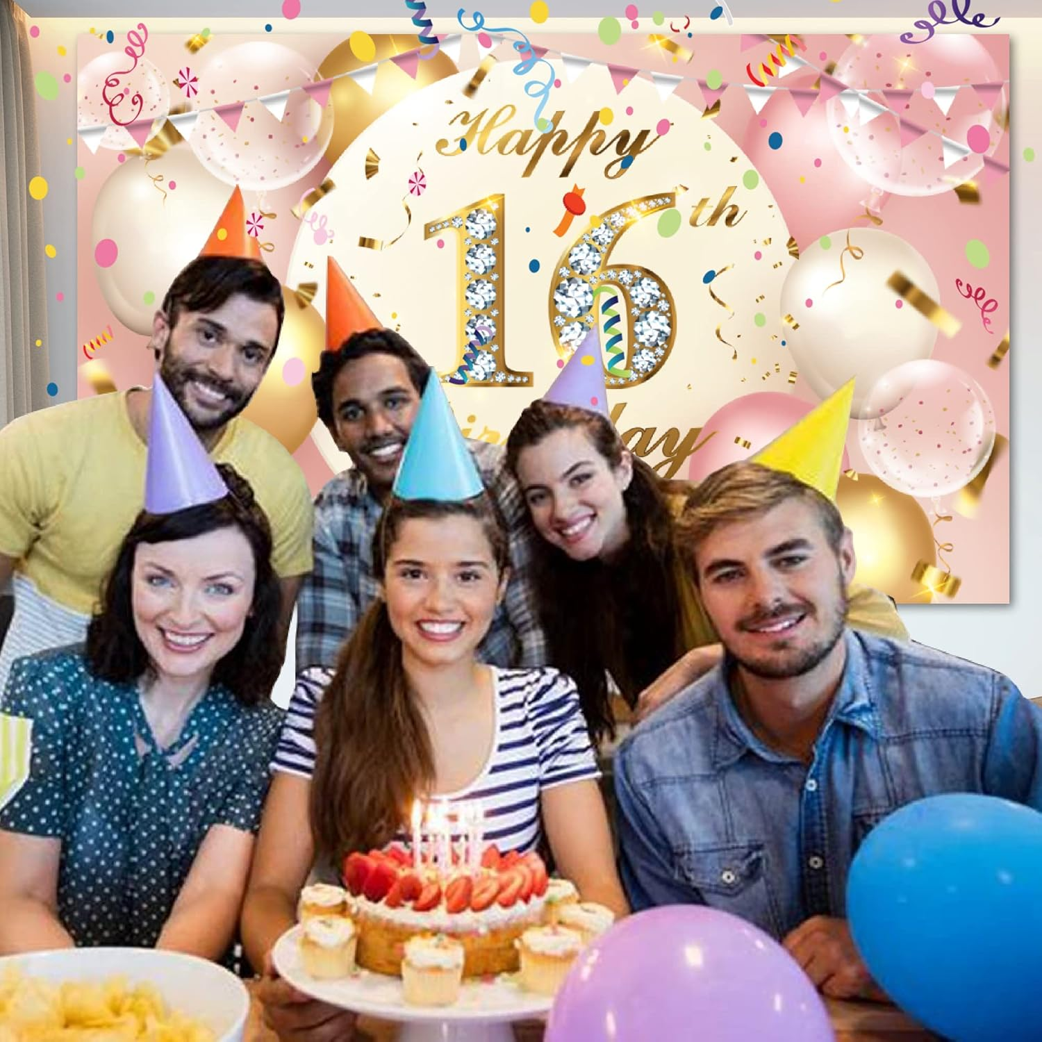 16Th Birthday Banner,Rose Gold Birthday Party Decoration for 16Th Birthday,Happy Birthday Banners Decoration Background，16Th Outdoor Party Birthday Decoration Background&hellip; image number 2