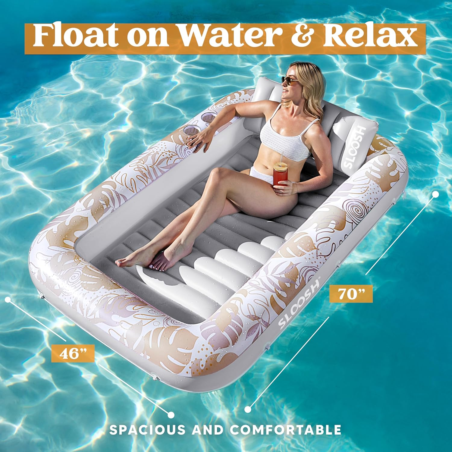 SLOOSH Inflatable Tanning Pool Lounger Float, 70" X 46" Pool Floats Adult with Pillow, 4 in 1 Suntan Tub Raft Floatie,Sunbathing Bed Lounge for Water Blow up Kids Ball Pit Party Gifts, L-Champagne image number 6