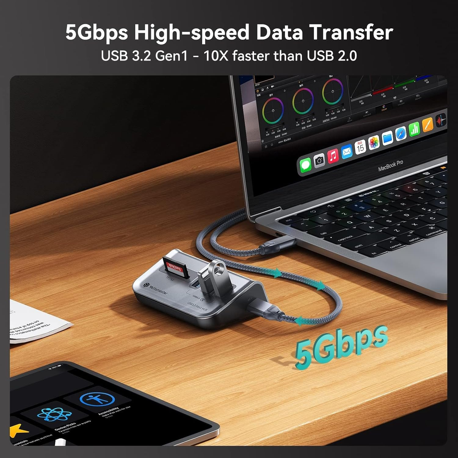 Yottamaster 4 Port USB 3.0 Hub, Powered USB Hub 5V / 2A, Type C to USB 3.2 Gen1 Data Hub with 3USB-A & SD/TF Card Reader for PC, Laptop(1.6Ft) GA1-3ATS-U3-GY-1 image number 1