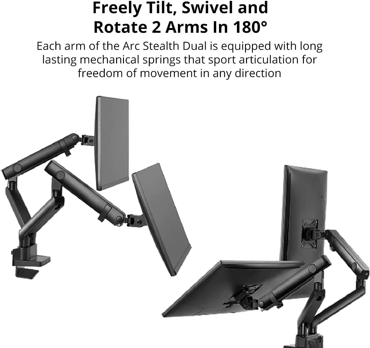 PRISM+ Arc Stealth Dual Monitor Arm | for Screens 17" - 34" | Weight up to 8Kg/Arm | VESA 75X75Mm 100X100Mm | Clamp/Grommet image number 2