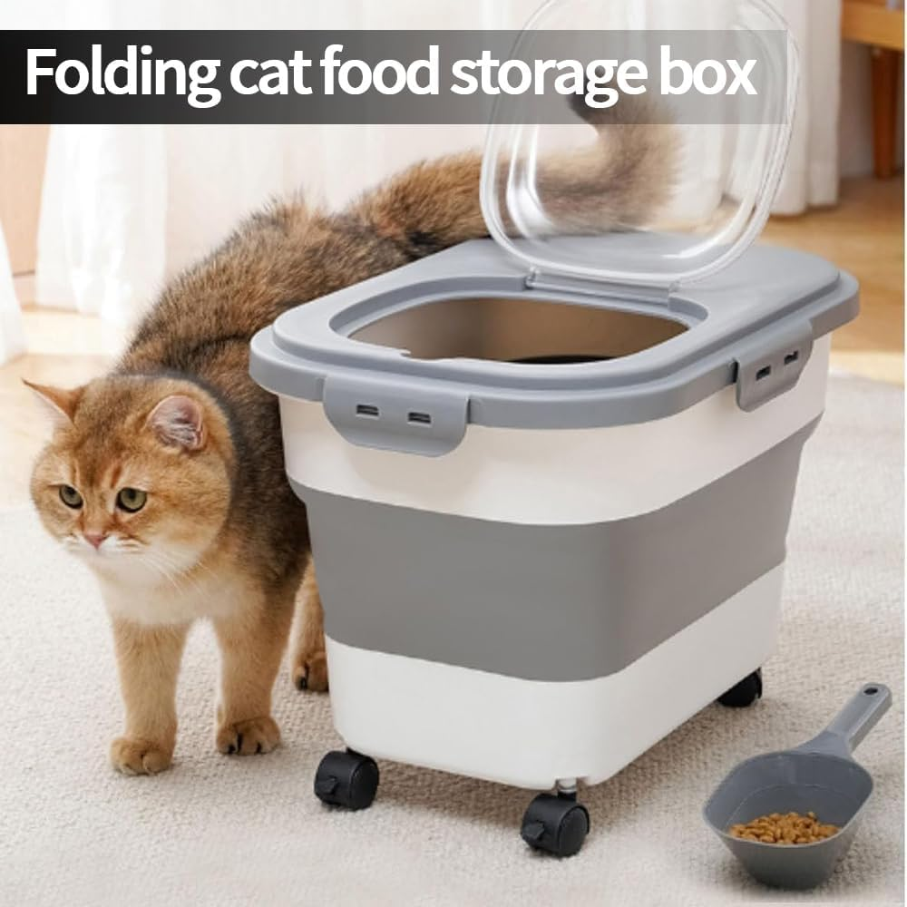 Pet Food Container, Collapsible and Moisture-Proof Dog Food Storage Container with Rolling Wheels, Scoop and Airtight Lid, Large Pet Food Storage for Dog, Cat, 42*28.5*32Ccm, Grey image number 3