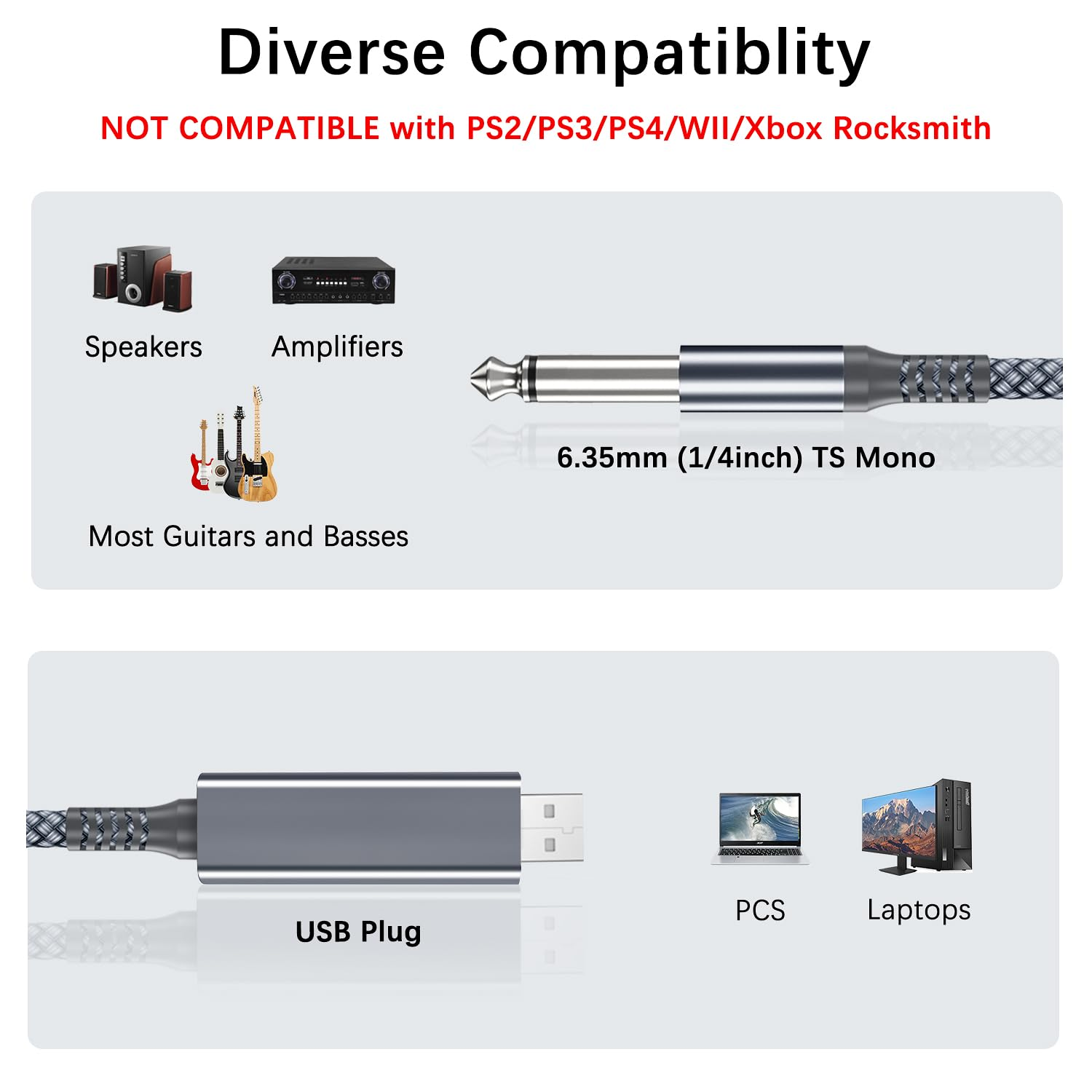 Elebase USB Guitar Cable 3M,1/4 Inch TS Instrument Cord,Usb a to 6.35Mm Male Jack Stereo Audio Interconnect Wire Line for Electric Guitar,Bass,Keyboard,Mixer,Amplifier,Amp,Speaker,Equalizer,10 Feet FT image number 5