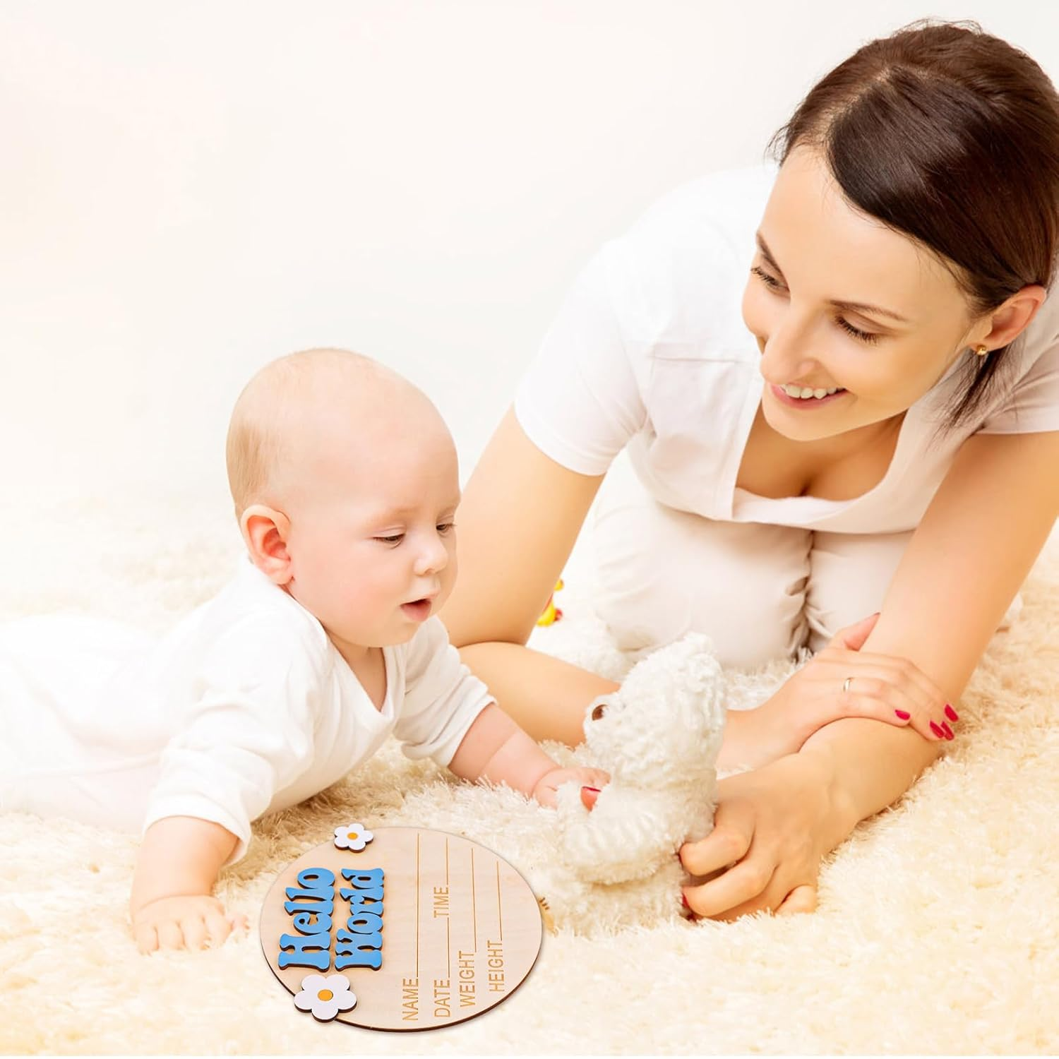 Wooden Baby Announcement Sign, 5.91 Inch Cute Hello World Newborn Sign with Flower Decor, New Baby Plaque Birth Announcement Sign for Hospital New Parents Baby Shower image number 5