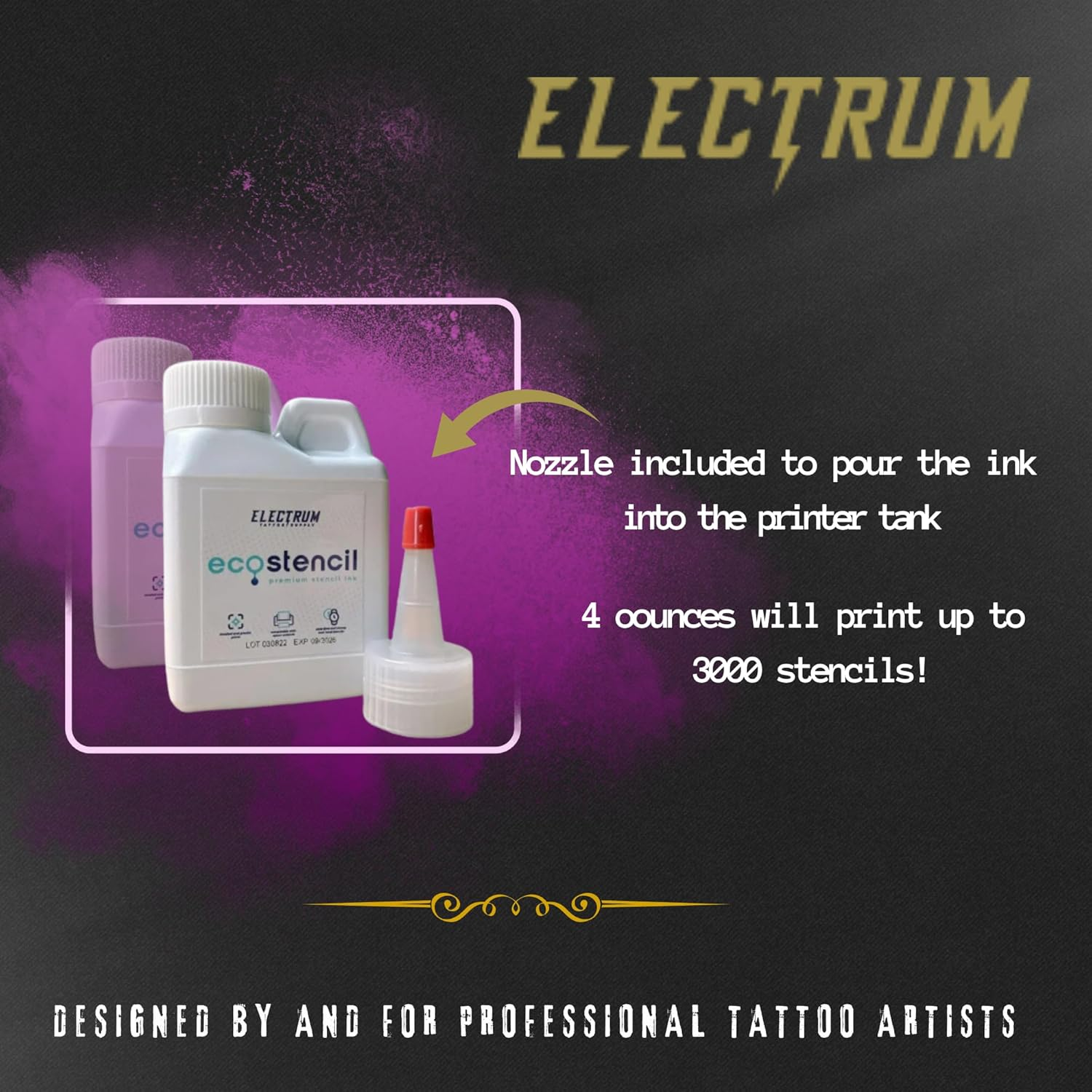 Electrum Eco Stencils Ink for Epson Eco Tank Printers, Methyl Violet-Based Stencil Ink Creates Flawless Stencils That Last up to 1 Hour, Premium Tattoo Stencil Ink Proudly Made in the USA, 4 Ounces image number 2