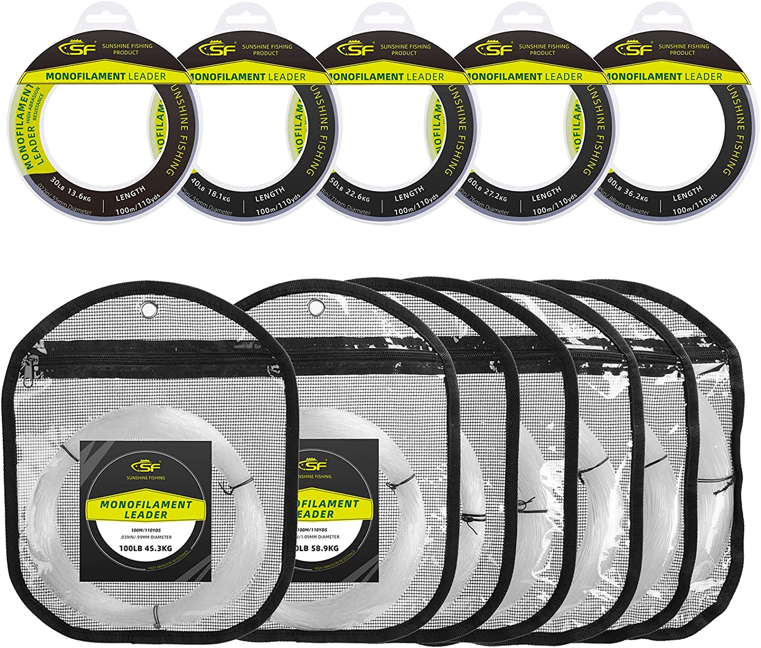 SF Monofilament Leader Line Mono Material Clear Monofilament Fishing Line 100M/110Yds for Saltwater 30LB to 400LB image number 1