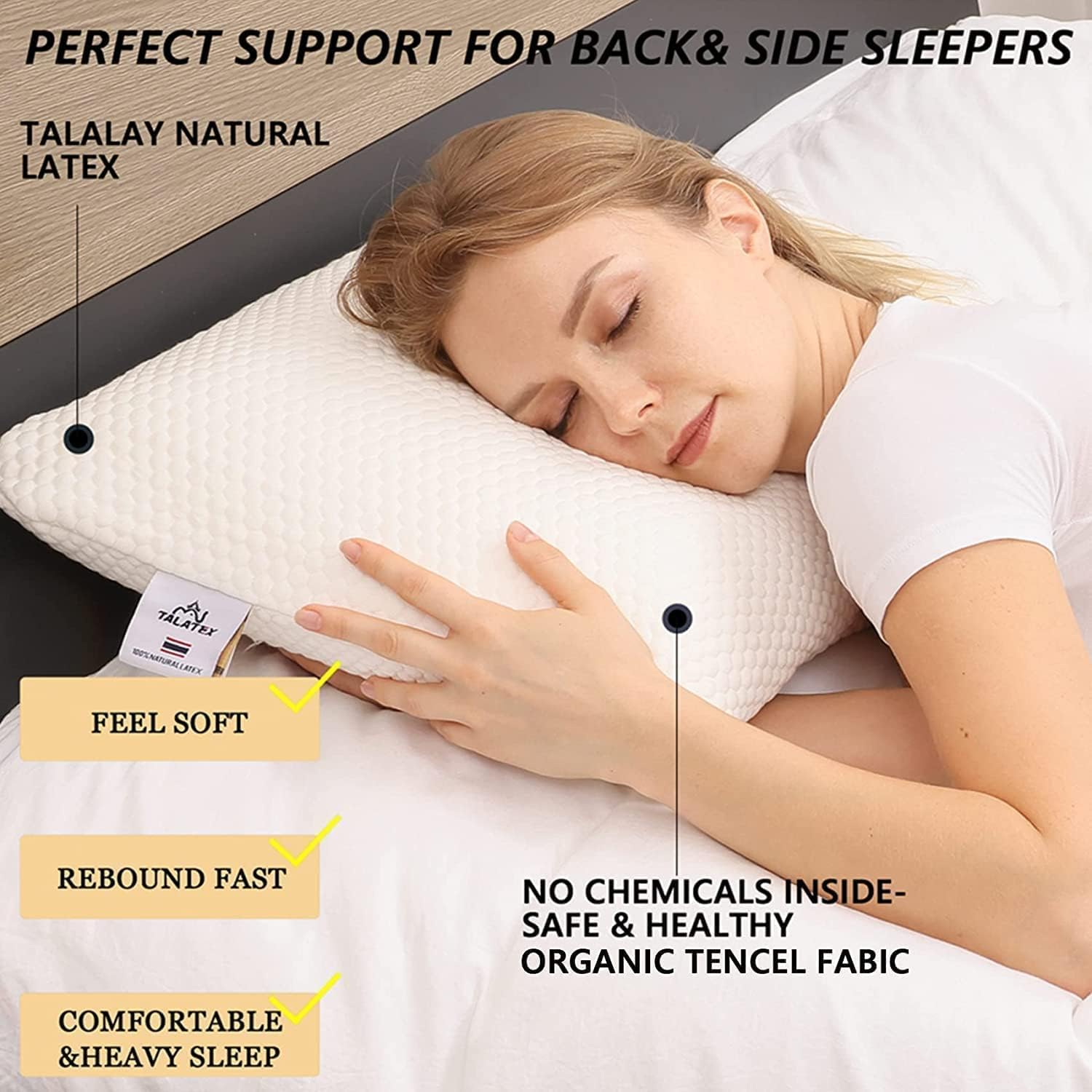 Talalay 100% Natural Premium Latex Pillow, No Memory Foam Chemicals, Resistant to Sagging, Perfect Package Best Gift with Removable Tencel Cover image number 4