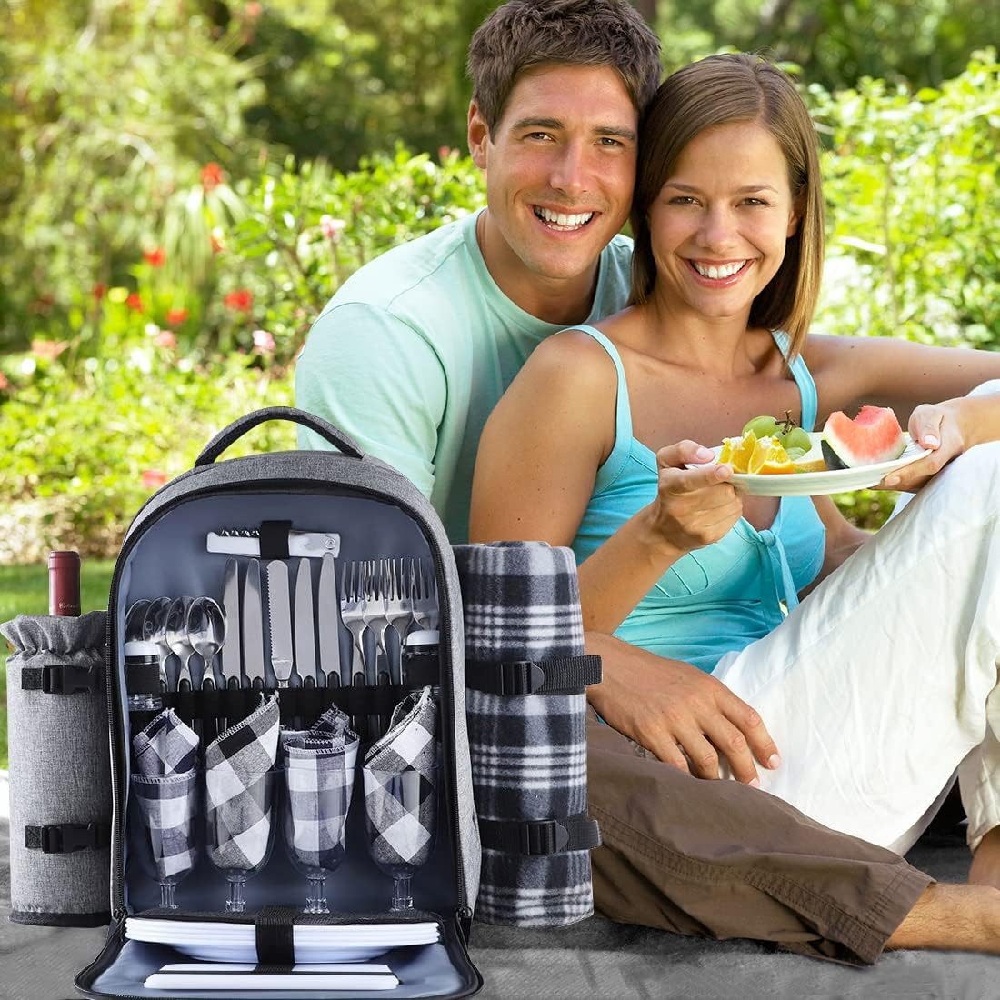 Insulated Picnic Backpack for 4 Person Bag with Cooler Compartment, Blanket and Stainless Steel Cutlery Set for Couple, Lovers and Friends image number 5