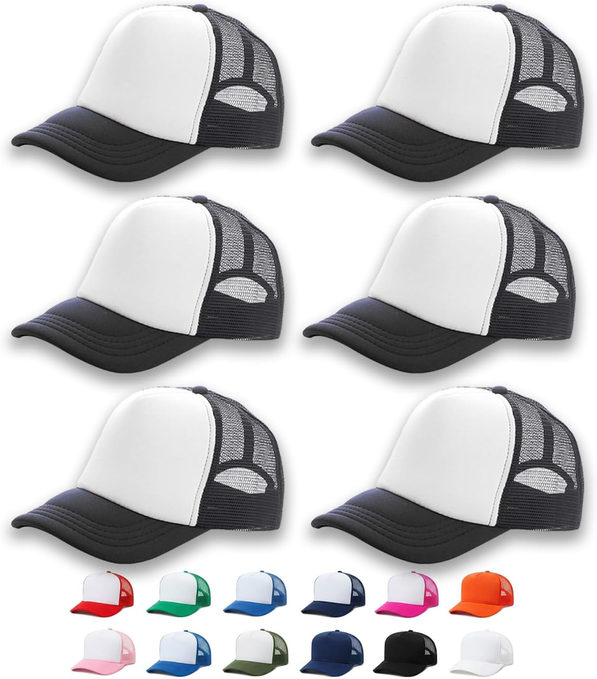 6 Pack/Pieces Trucker Caps Plain Hat with Front Foam Mesh Adjustable Unisex Bulk image number 2