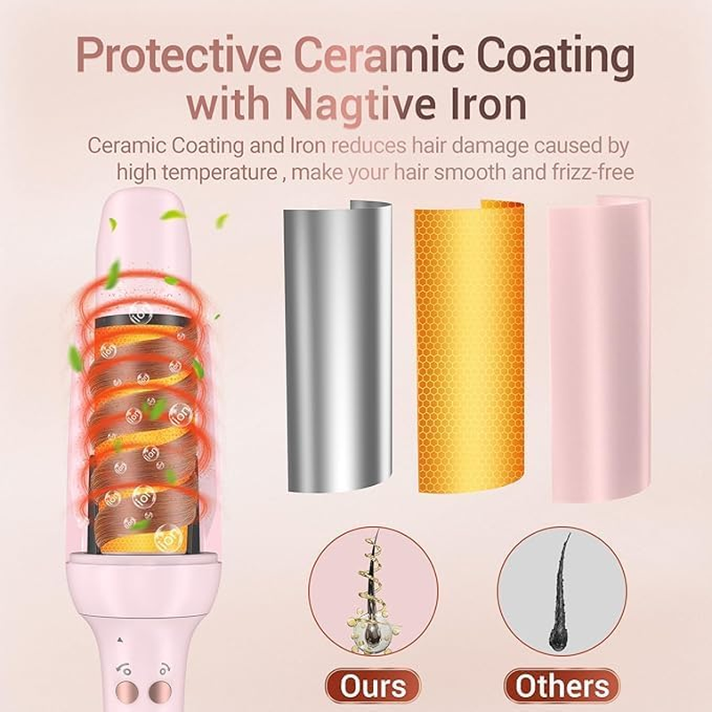 Automatic Curling Iron Hair Curler, Replaceable Curling Wand with 2 Sizes Barrel (1", 1.25") & 3 Temps, Hair Waver with Anti-Tangle & Auto-Off, Double Voltage Rotating Curling Iron for Long Hair-Rose image number 3