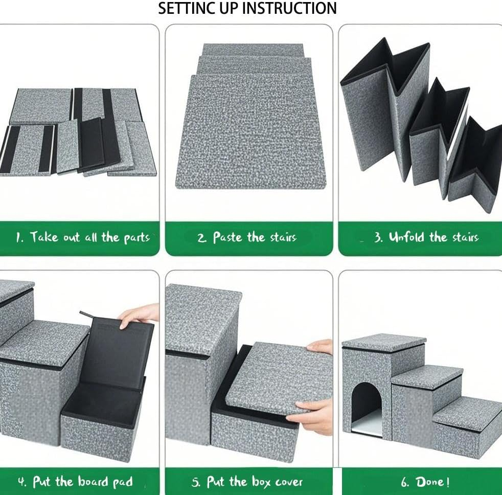 3-Step Storage Pet Stairs for Dogs & Cats | Heavy Duty Dog Stairs/Ramp with Storage House | Detachable & Washable Design | Small Pets | Brown | H:43CM image number 2