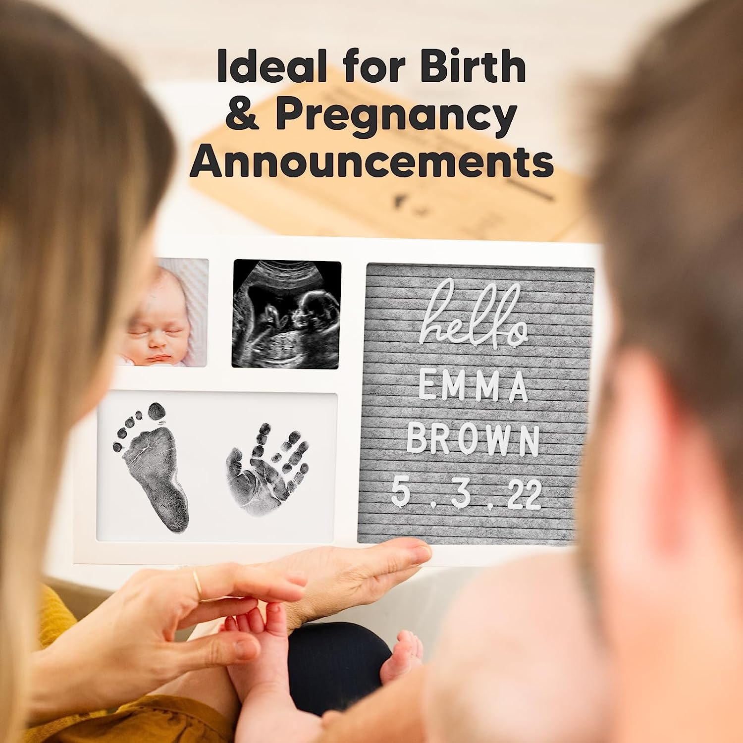 Baby Hand & Footprint Kit with Felt Letterboard, Inkless Ink Pad - Personalized New Mom Gifts for Baby Announcement, Cute Nursery Newborn Picture Frame, Ideal Dog Nose & Paw Print Kit (Alpine White) image number 1