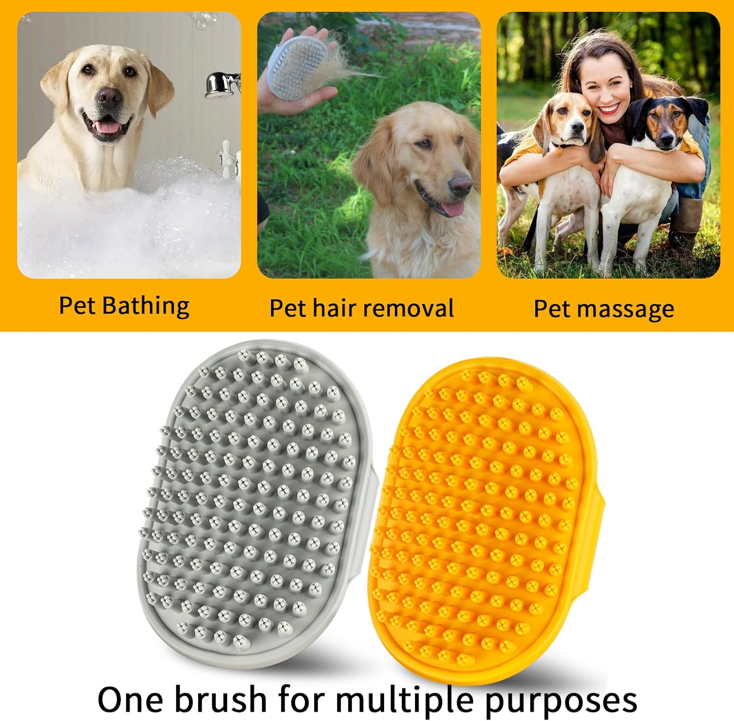 Dog Bath Brush Dog Shmpoo Brush Massage Brush of Dog Cleaning and Beauty Set 2 Pcs (Plum Brush Head, Yellow + Grey) image number 5