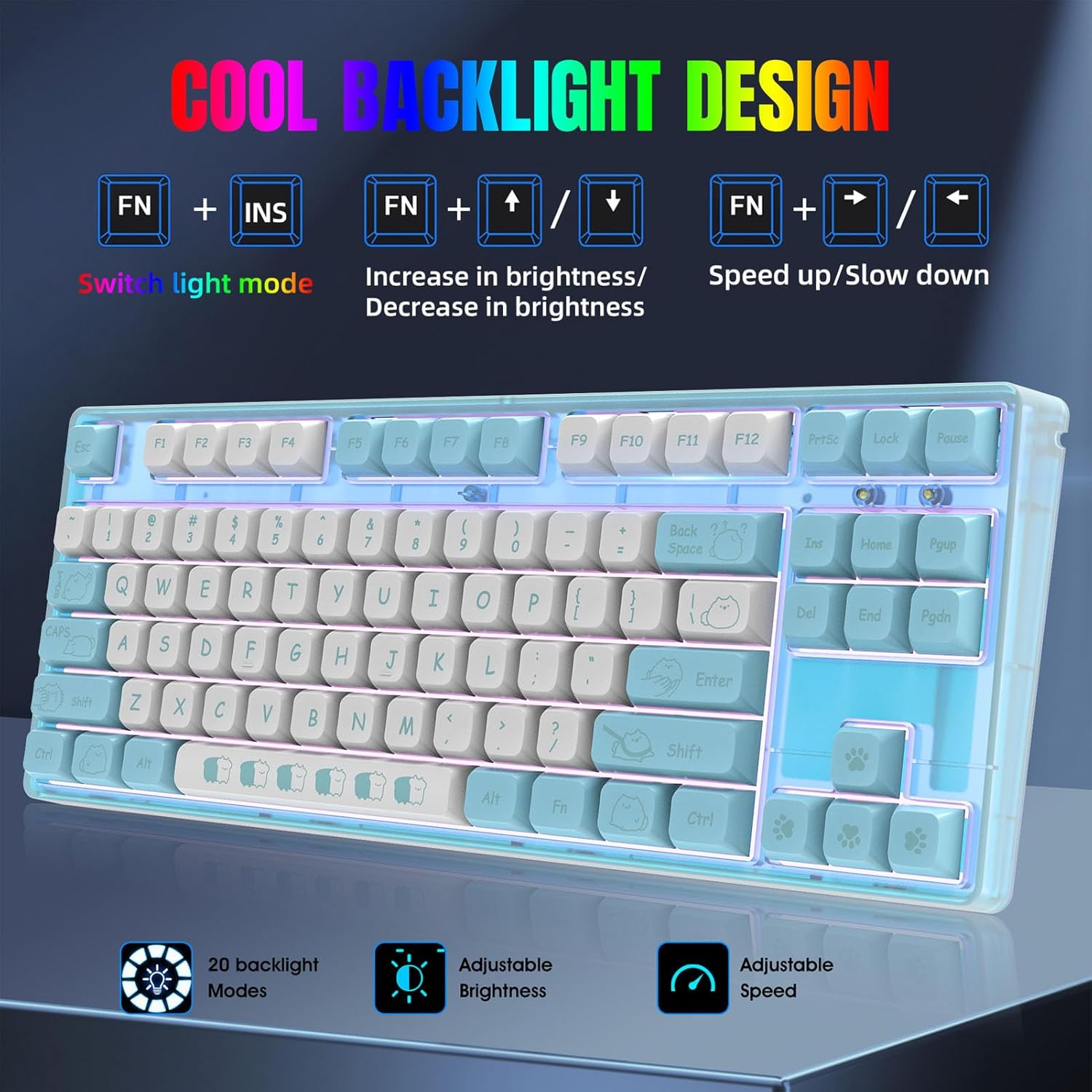 Mechanical Gaming Keyboard - USB Backlit Keyboard with PBT Keycaps, RGB Backlight, 20 Lighting Modes, Ergonomic Design, Detachable USB Cable image number 4