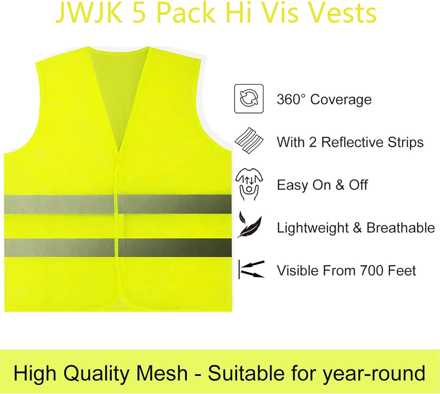 5 Pack Hi Vis Vests,Safety Vests,Standard Size Reflective High Visibility Vests,Unisex Hi Vis Jacket for Traffic Work, Running, Surveyor and Security Guard Construction Vest image number 5