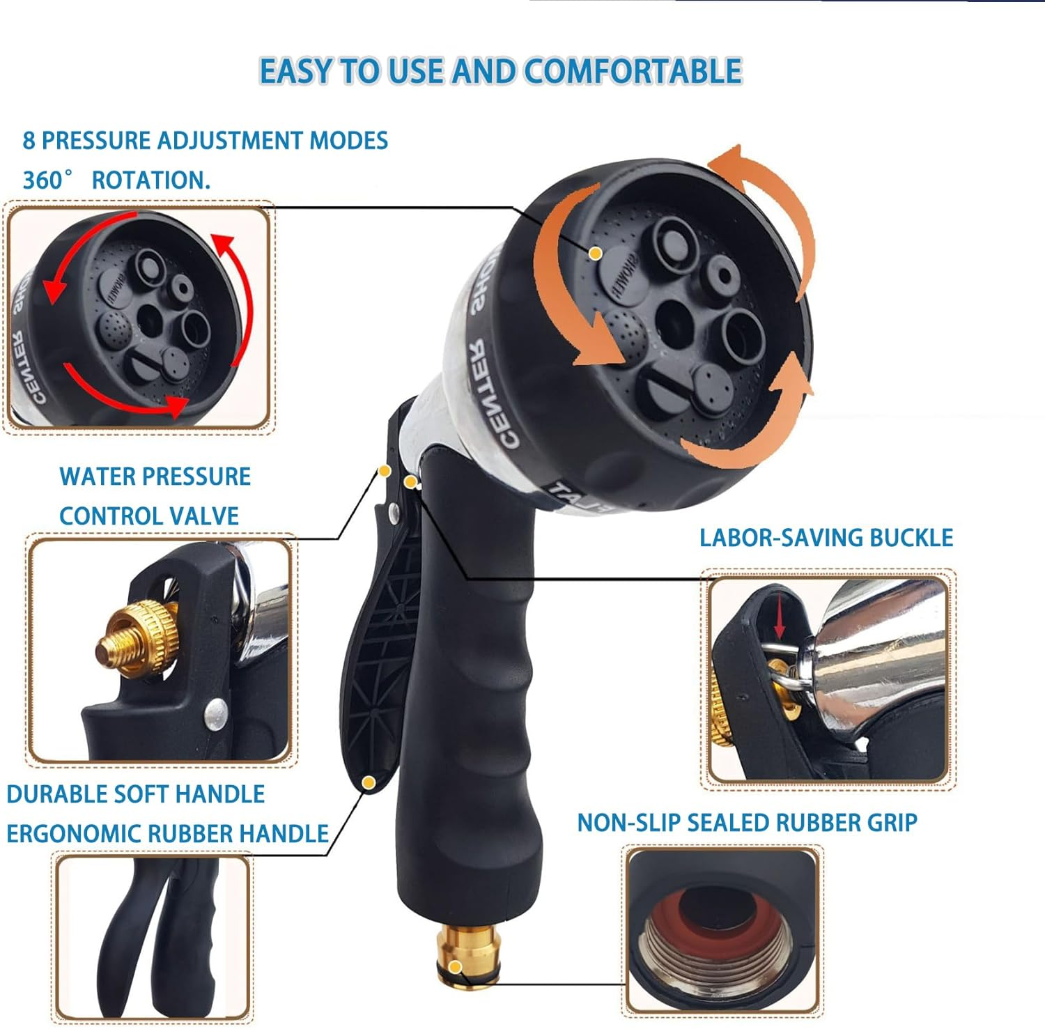 Garden Hose Nozzle, Hose Gun, Pressure Sprayer with 8 Spray Modes, Hose Spray Gun Is Suitable for Watering Plants, Gardens, CAR Washing, Cleaning and Pets, ETC.