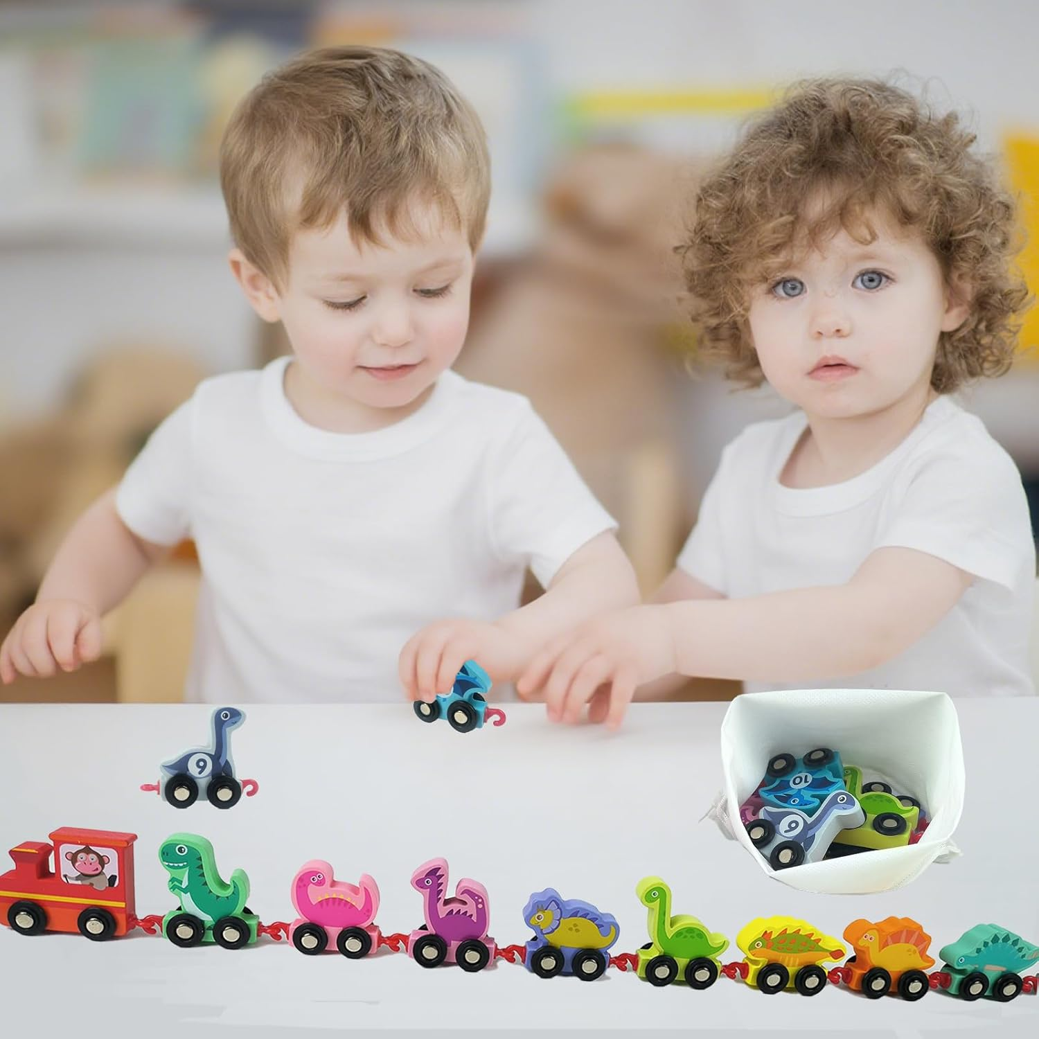 Montessori Dinosaur Toys for 2-4 Year Olds &ndash; Wooden Train Set with Storage Bag and Playmat, Educational Toy for Toddlers Boys & Girls image number 3