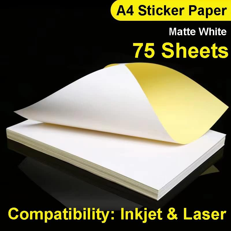 A4 Sticker Paper, Premium Matte White Sticker Paper for Inkjet and Laser Printer, 75 Sheets of Premium Printable Label Sheets, Label Printing Paper, Highly Self-Adhesive, DIY Labels image number 4