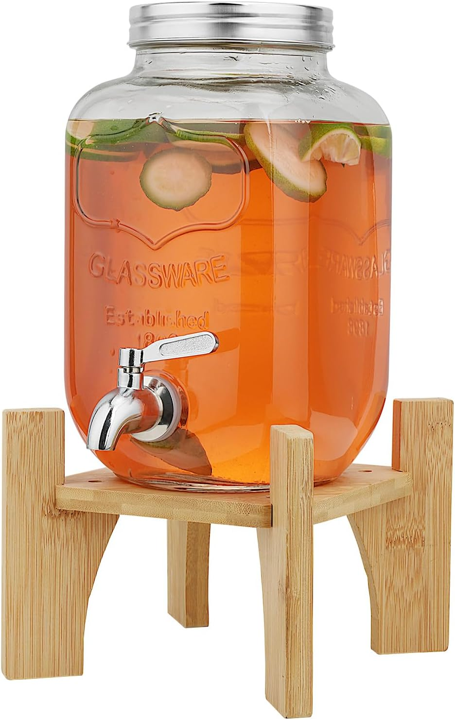 8L Glass Drink Dispenser with Cover Wide Mouth Iced Drink Jar with Tap Iron Holder, for Juice Water Homemade Tea Drinks (8L Glass with Bamboo Stand) image number 1