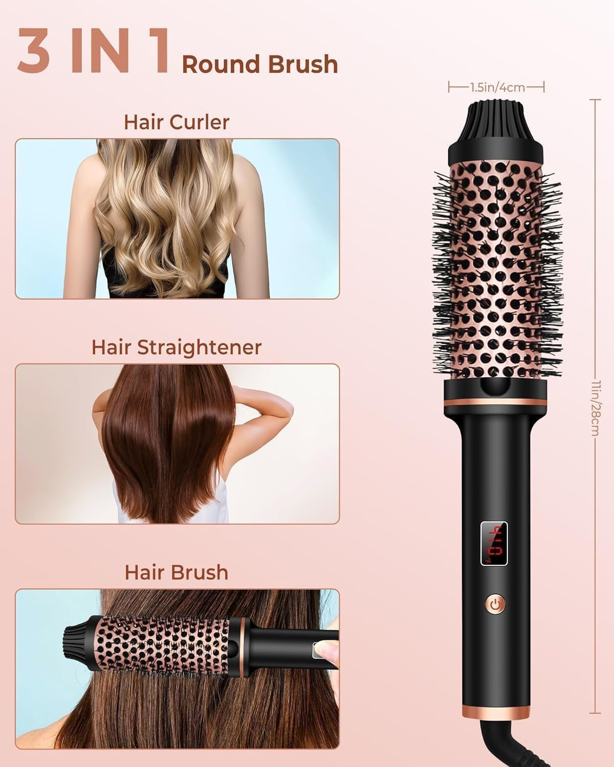Thermal Brush, Curling Iron Brush Volumizing Heated round Ceramic Tourmaline Ionic Comb Dual Voltage Travel Curling Iron, Hairbrushes LCD Display, 10 Temperature Settings image number 3