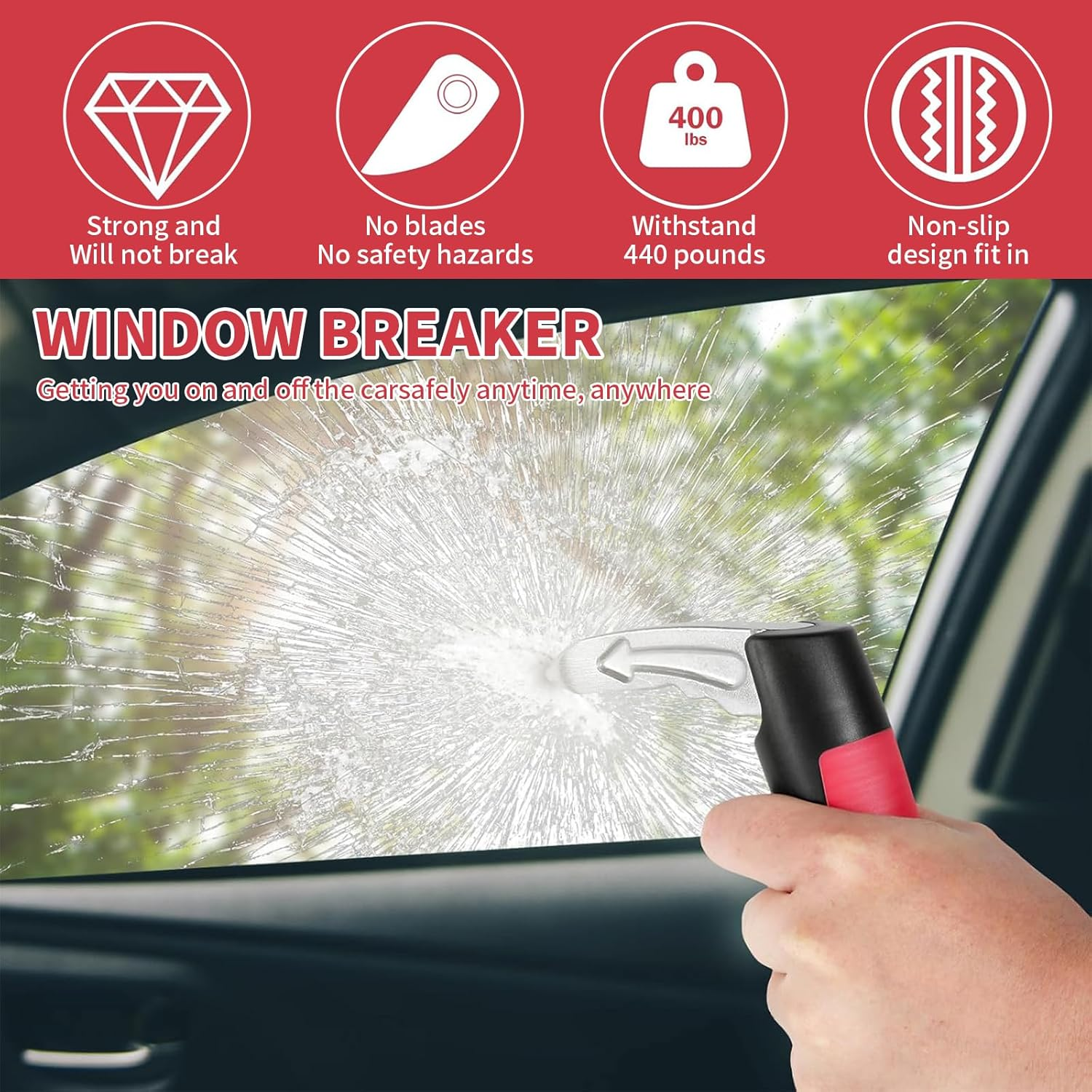 2 Pack Portable Vehicle Support Handle Assist, Multifunction Auto Vehicle Support Handle Insert Door Latch Car Handle for Getting in and Out of Car, Window Breaker Standing Mobility Aid for Car (Red)