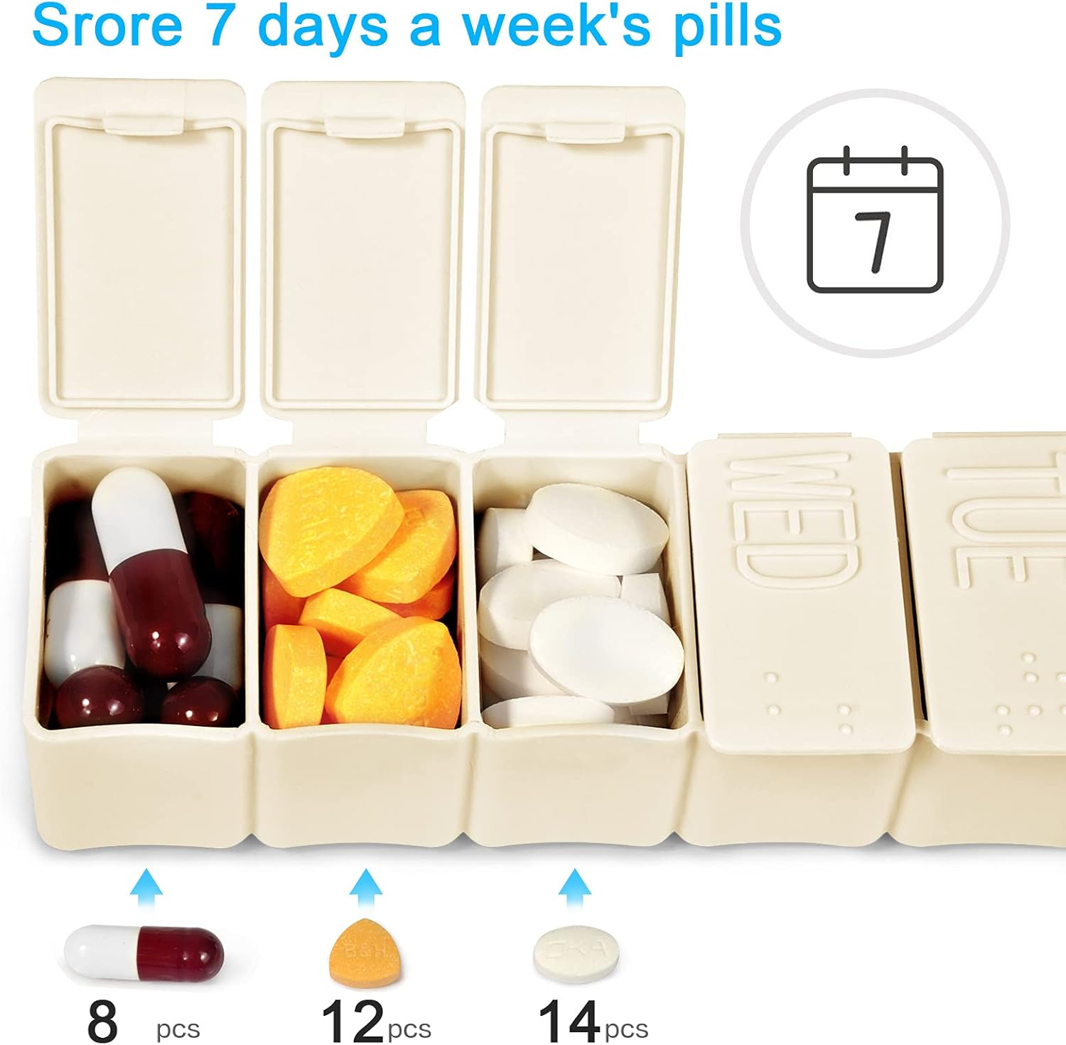 Pill Organizer-Pill Boxes for Travel, 7 Day with Braille Pill Case Vitamins Fish Oil Supplements, Medication Organizer Dispenser for Fish Oils, Vitamin Holder Supplement (Beige+Gray) image number 6